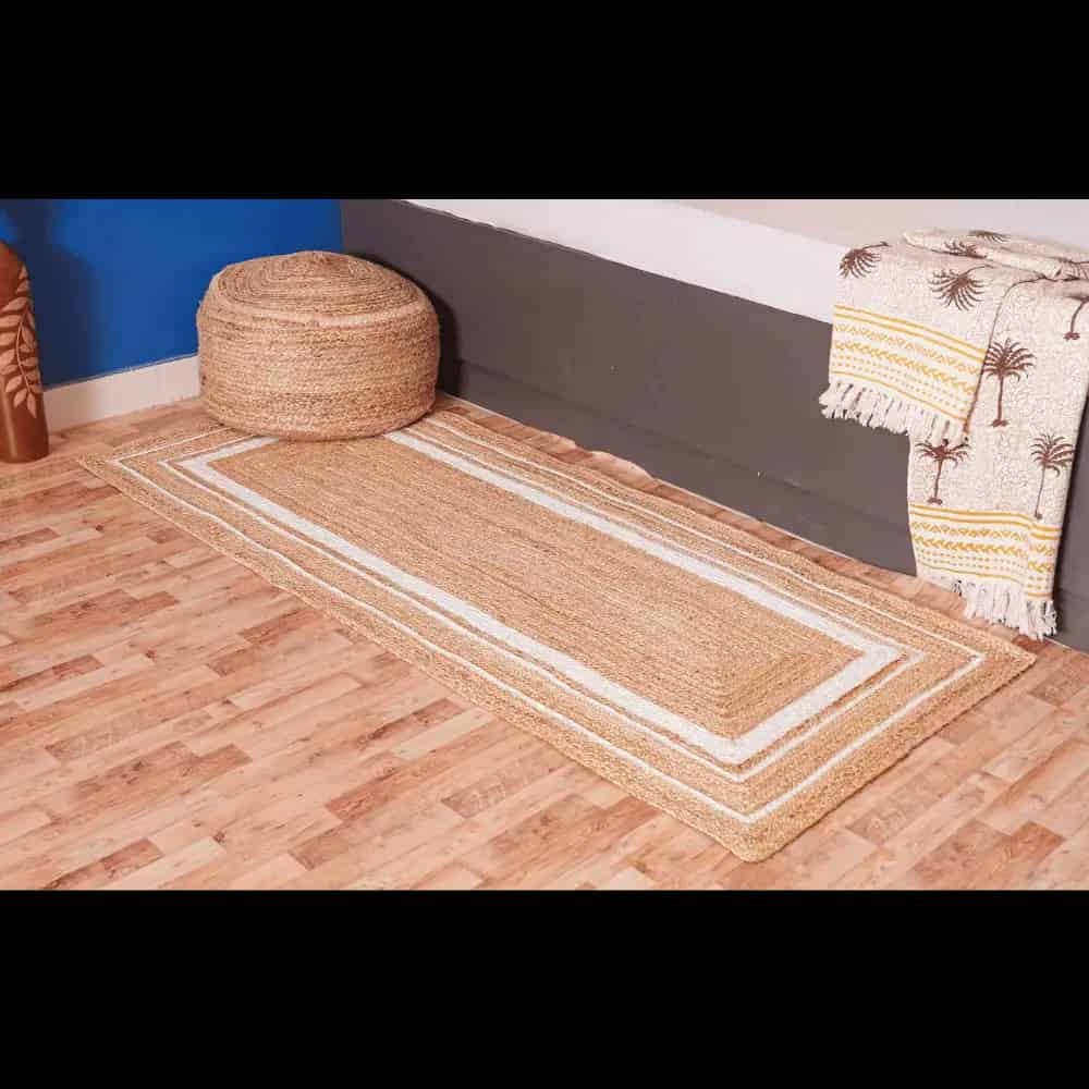 Hand Braided Beige Runner Jute Rug With White Triple Line Border  - Image 4