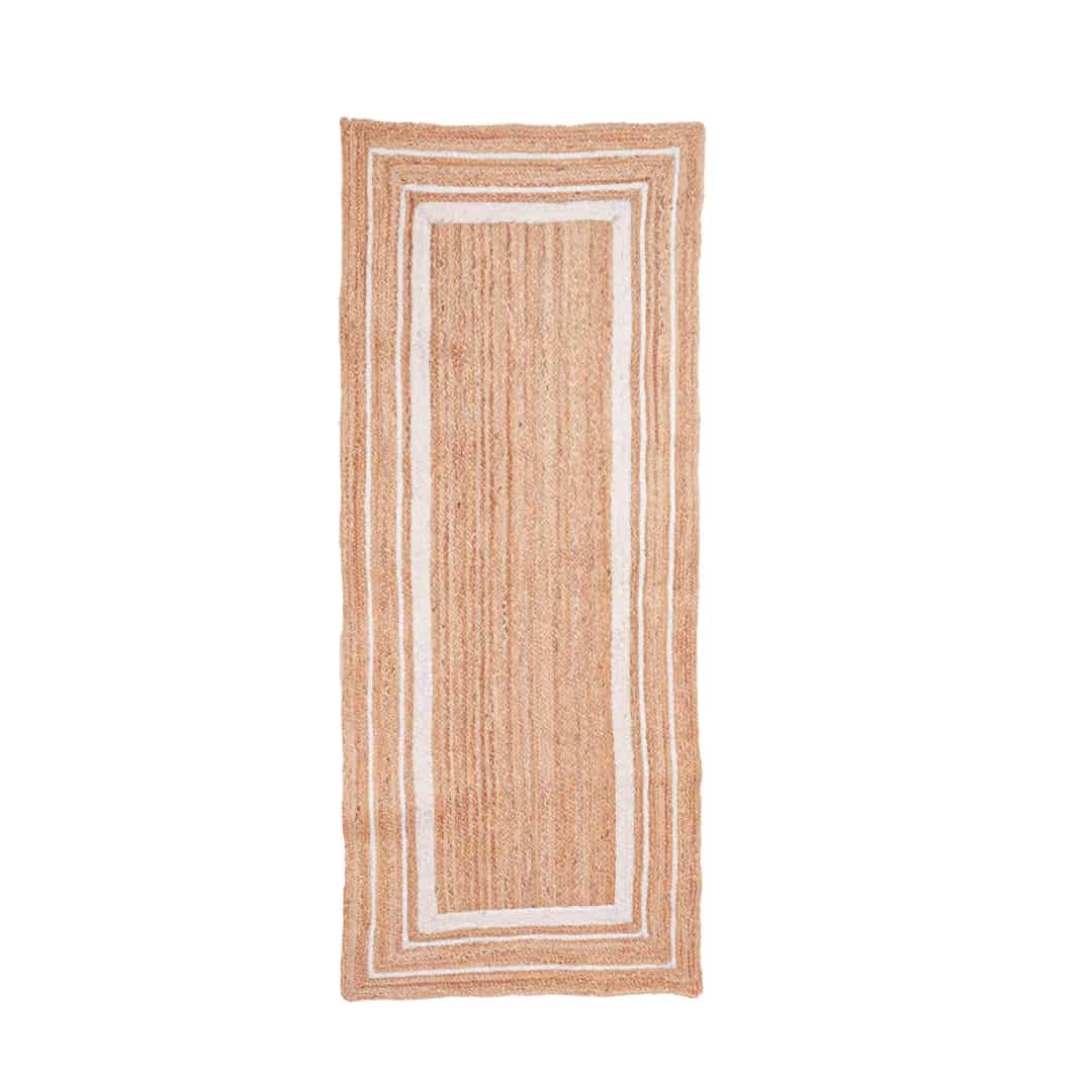 Hand Braided Beige Runner Jute Rug With White Triple Line Border  - Image 1