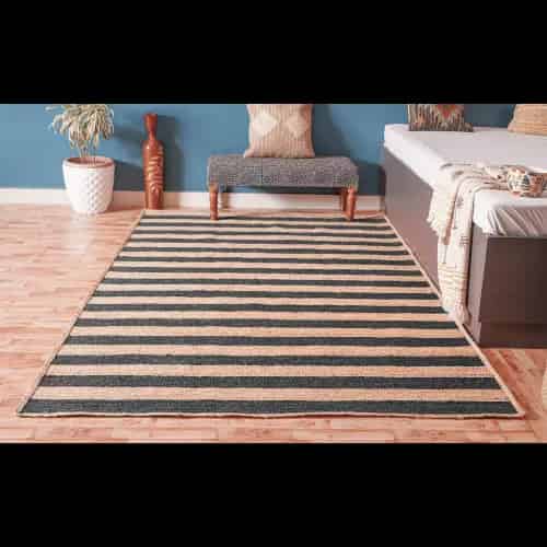 Natural Hand Braided Beige Jute Rug With Black Striped Line Rug  - Image 4