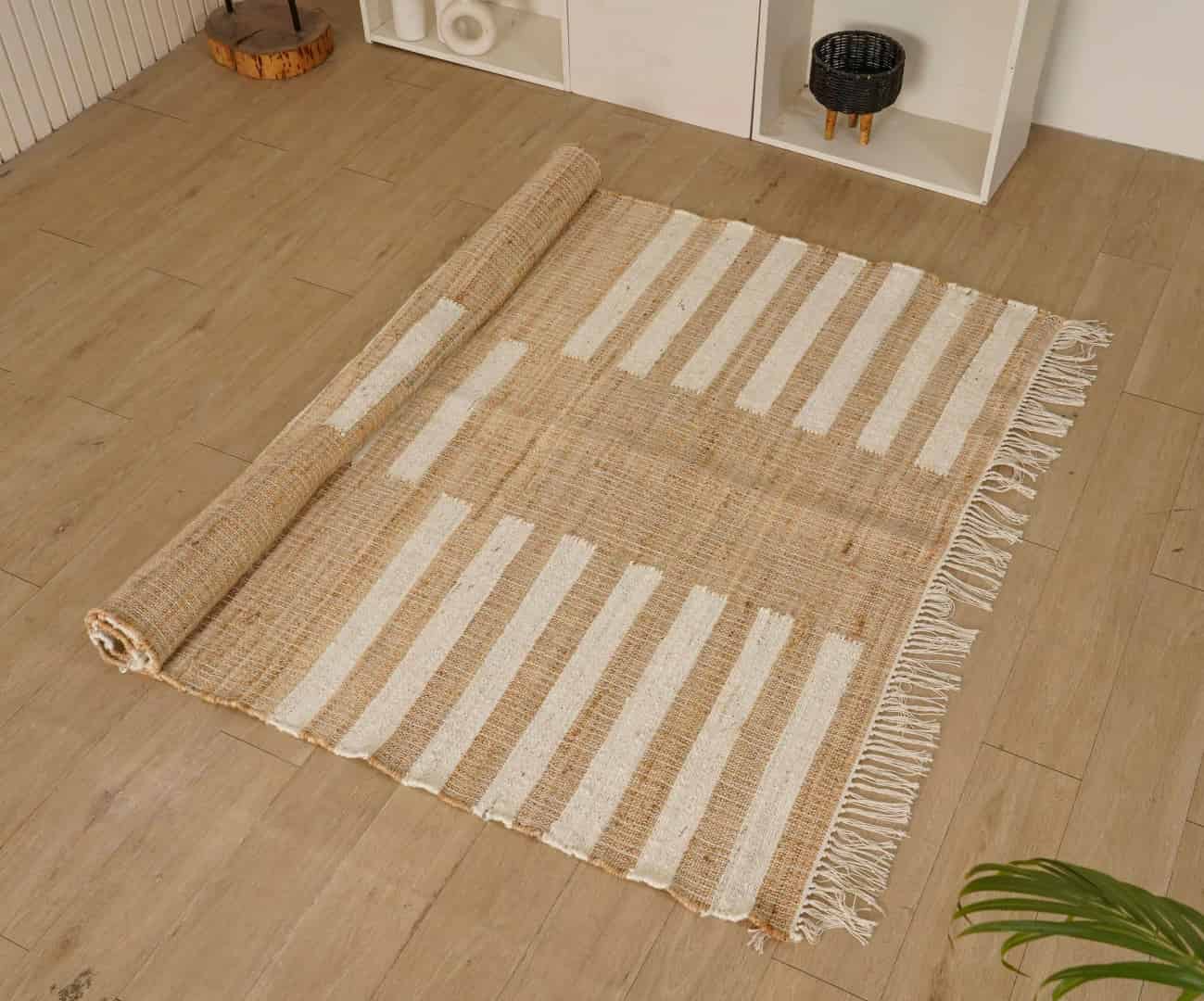 Beige With White Stripes Design Bohemian Boho Moroccan Rug Fringes Jute Rug Hand Woven Bohemian Decor Rug - Image 2