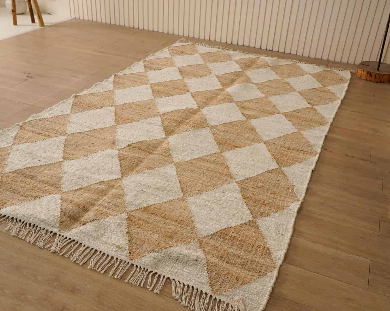 Handwoven Juna Rug, Nordic Scandi Rug in Beige and White Diamond Box Design, Large Area Rug For Living Room - Image 1