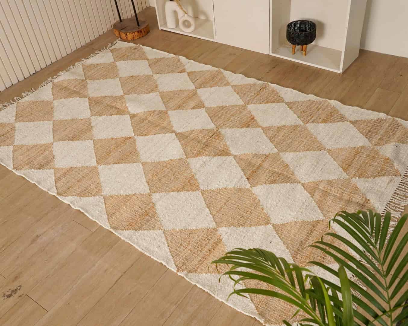 Handwoven Juna Rug, Nordic Scandi Rug in Beige and White Diamond Box Design, Large Area Rug For Living Room - Image 4