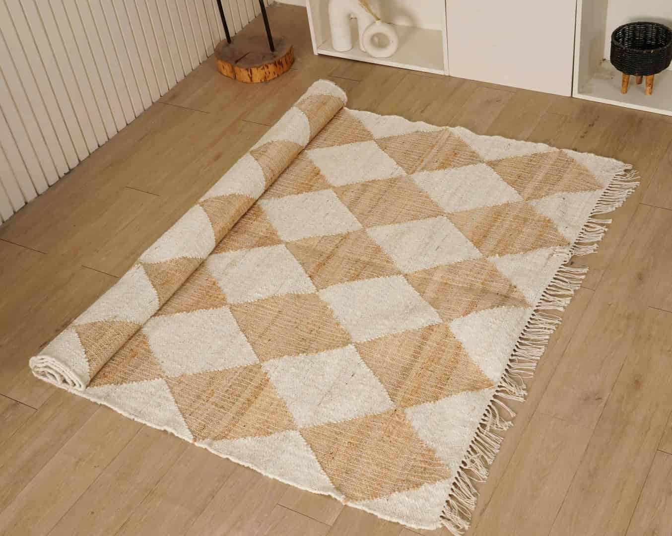Handwoven Juna Rug, Nordic Scandi Rug in Beige and White Diamond Box Design, Large Area Rug For Living Room - Image 2