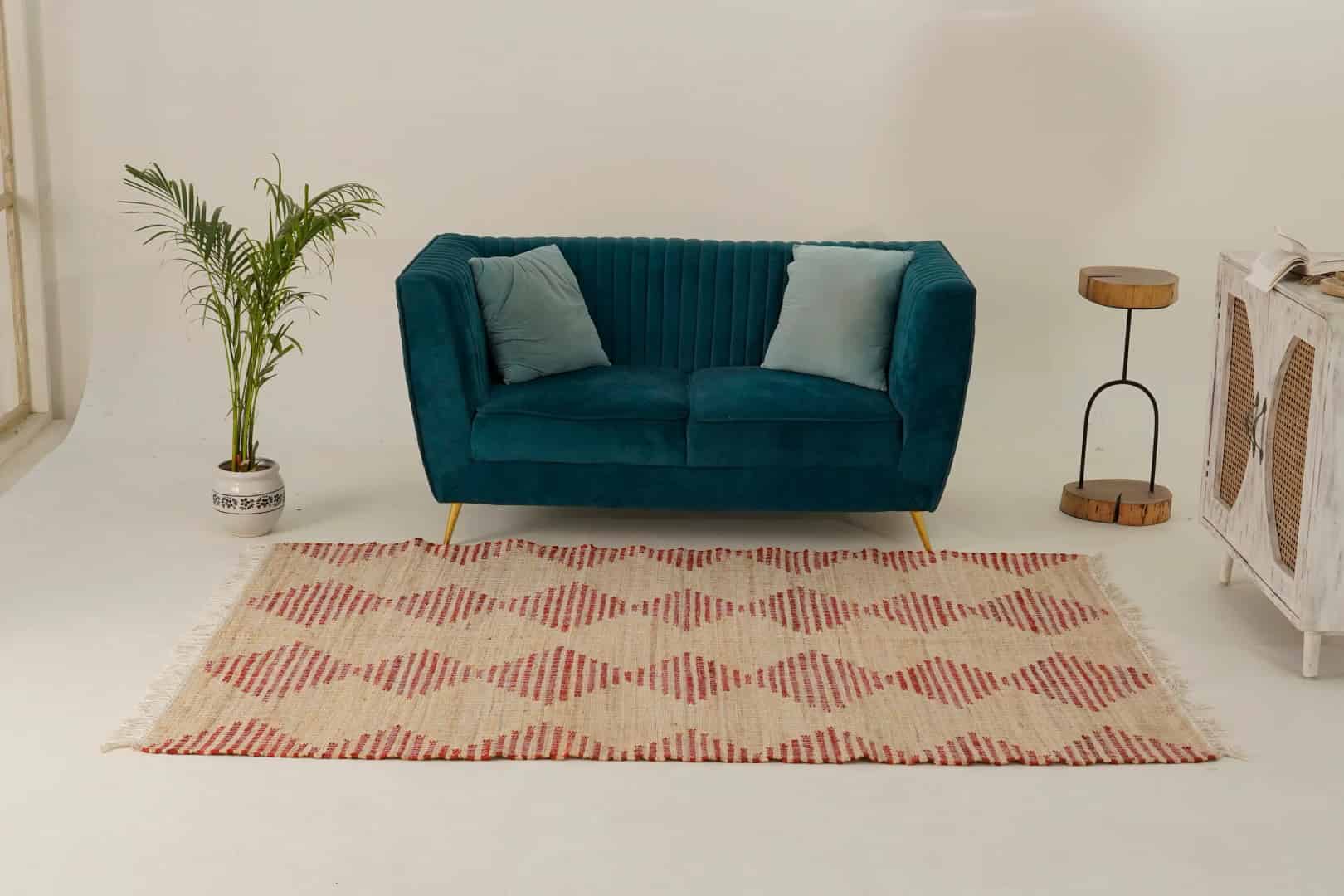 Natural Jute Beige and Red Design High Quality Hand Woven Geometric Boho Style Rug, Off White Fringes Jute Rug, Vintage Large Area Rug  - Image 2