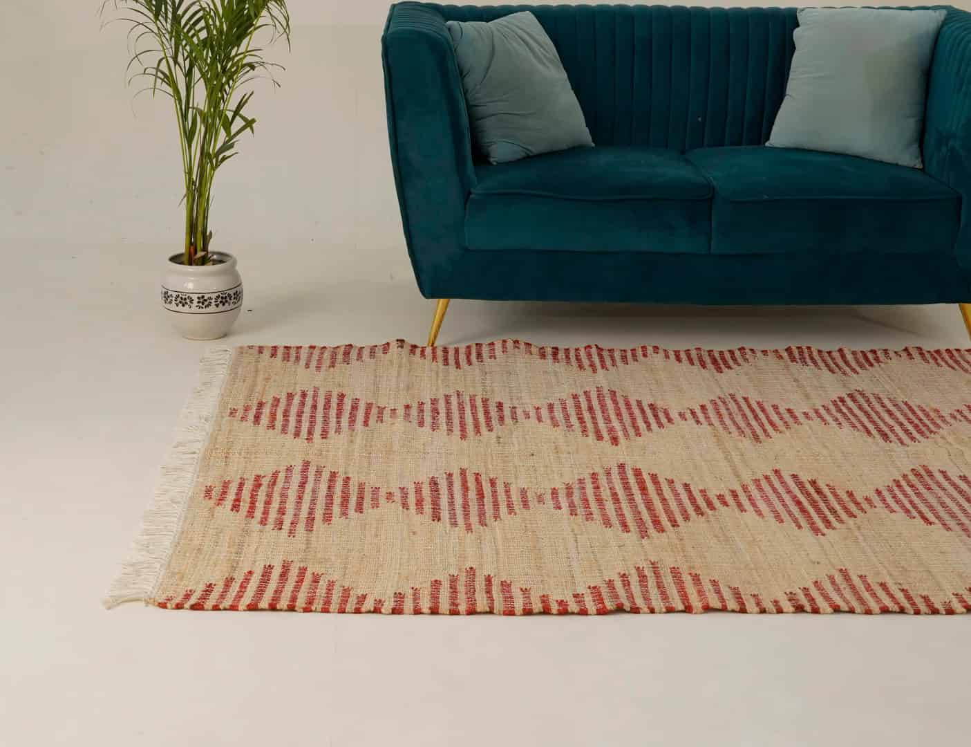 Natural Jute Beige and Red Design High Quality Hand Woven Geometric Boho Style Rug, Off White Fringes Jute Rug, Vintage Large Area Rug  - Image 4