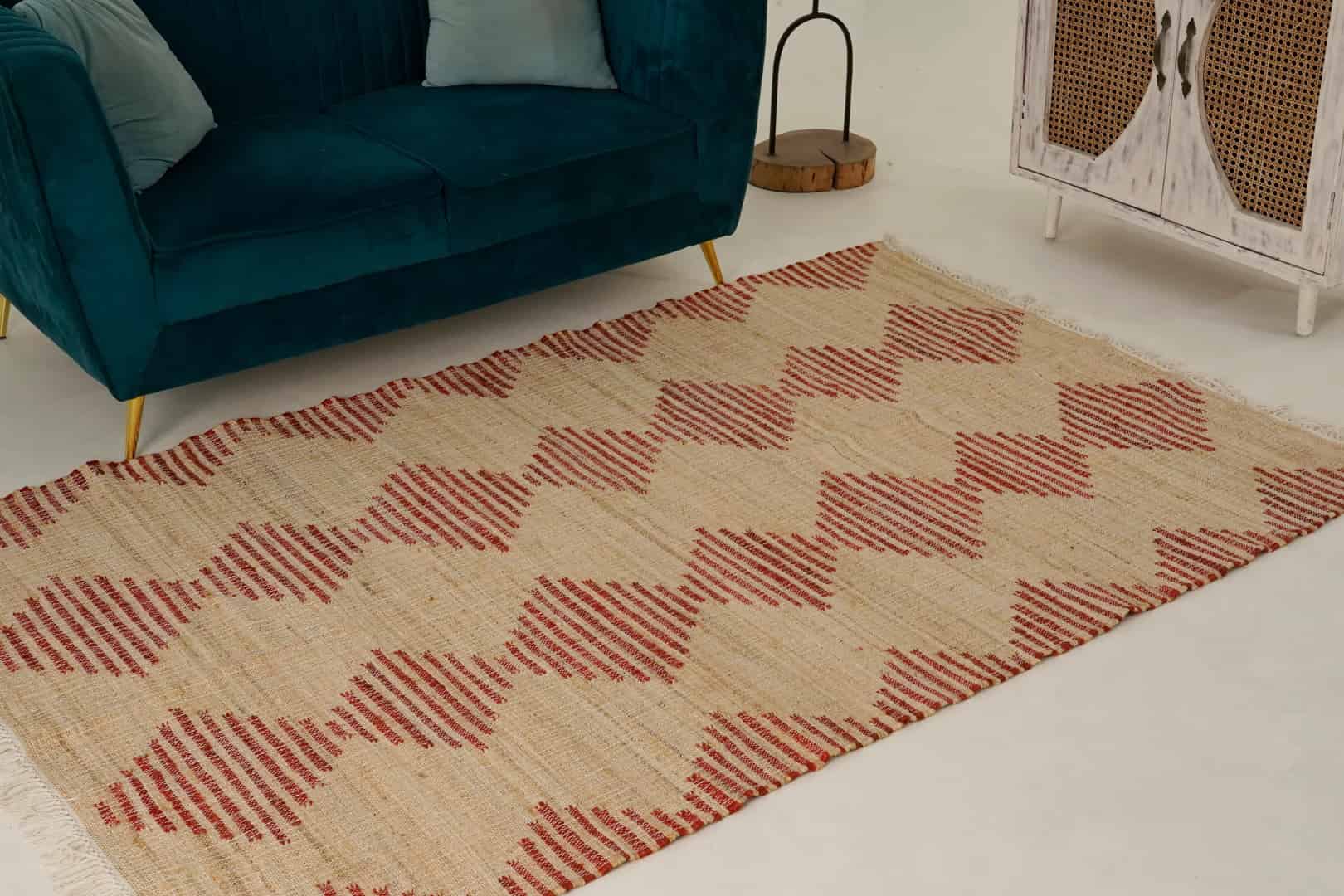 Natural Jute Beige and Red Design High Quality Hand Woven Geometric Boho Style Rug, Off White Fringes Jute Rug, Vintage Large Area Rug  - Image 3