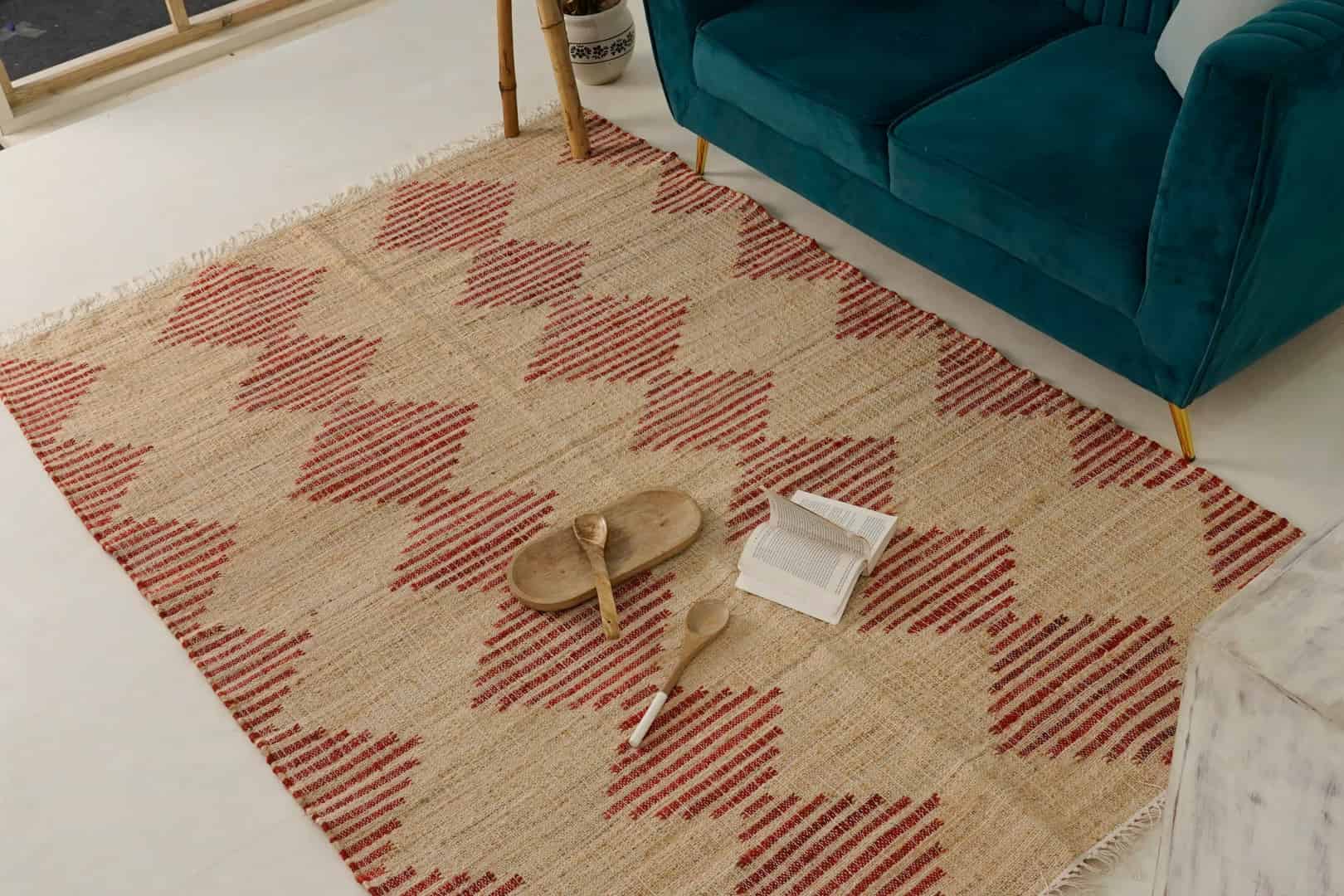 Natural Jute Beige and Red Design High Quality Hand Woven Geometric Boho Style Rug, Off White Fringes Jute Rug, Vintage Large Area Rug  - Image 1