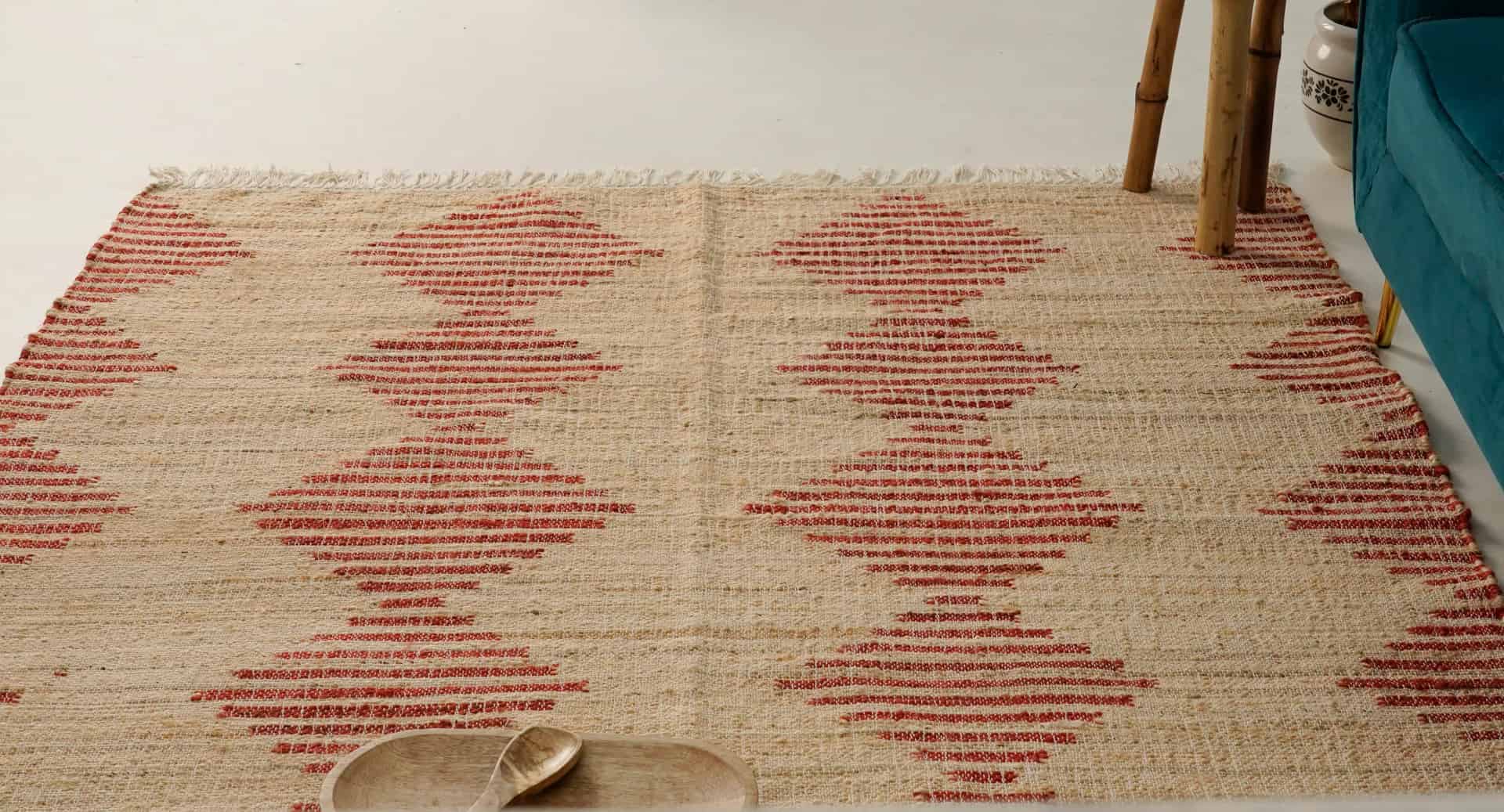 Natural Jute Beige and Red Design High Quality Hand Woven Geometric Boho Style Rug, Off White Fringes Jute Rug, Vintage Large Area Rug  - Image 6