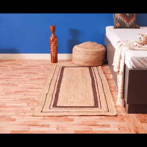 Indian Handmade Beige Rounding Jute Rug With Brown Triple Line Border  - Image 2