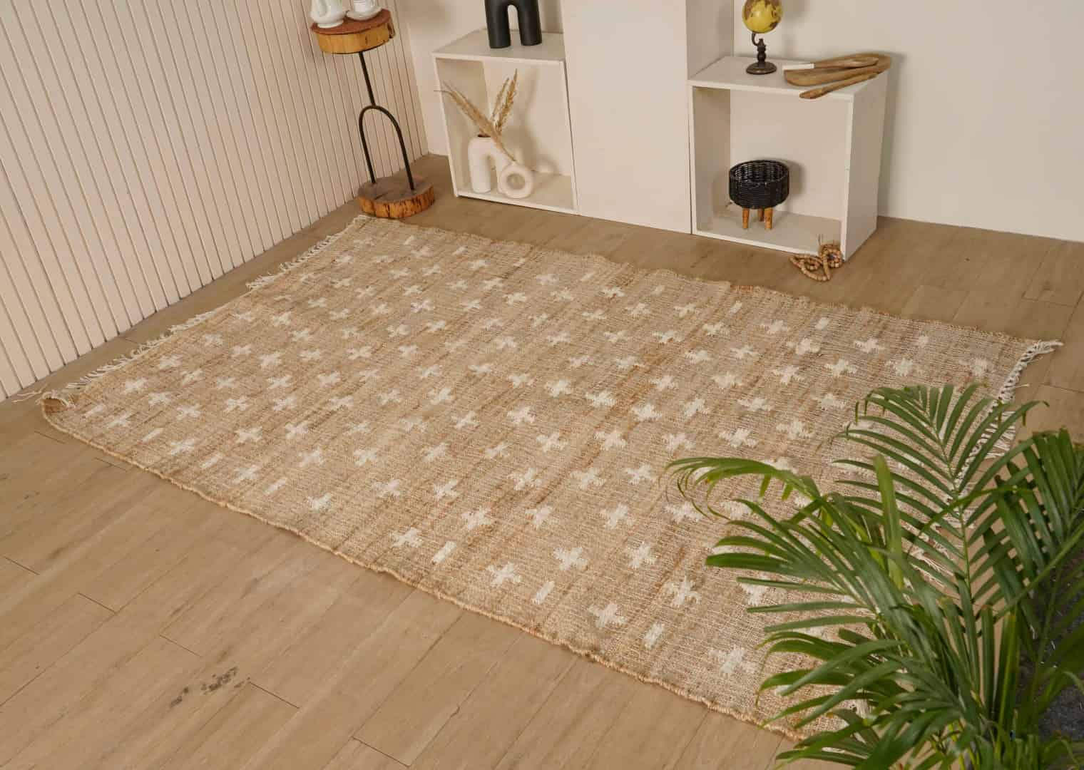Indian Handmade Beige Juna Cotton Rug With White Design Rug Off White Fringes Rug For New Home Decor Rug  - Image 1