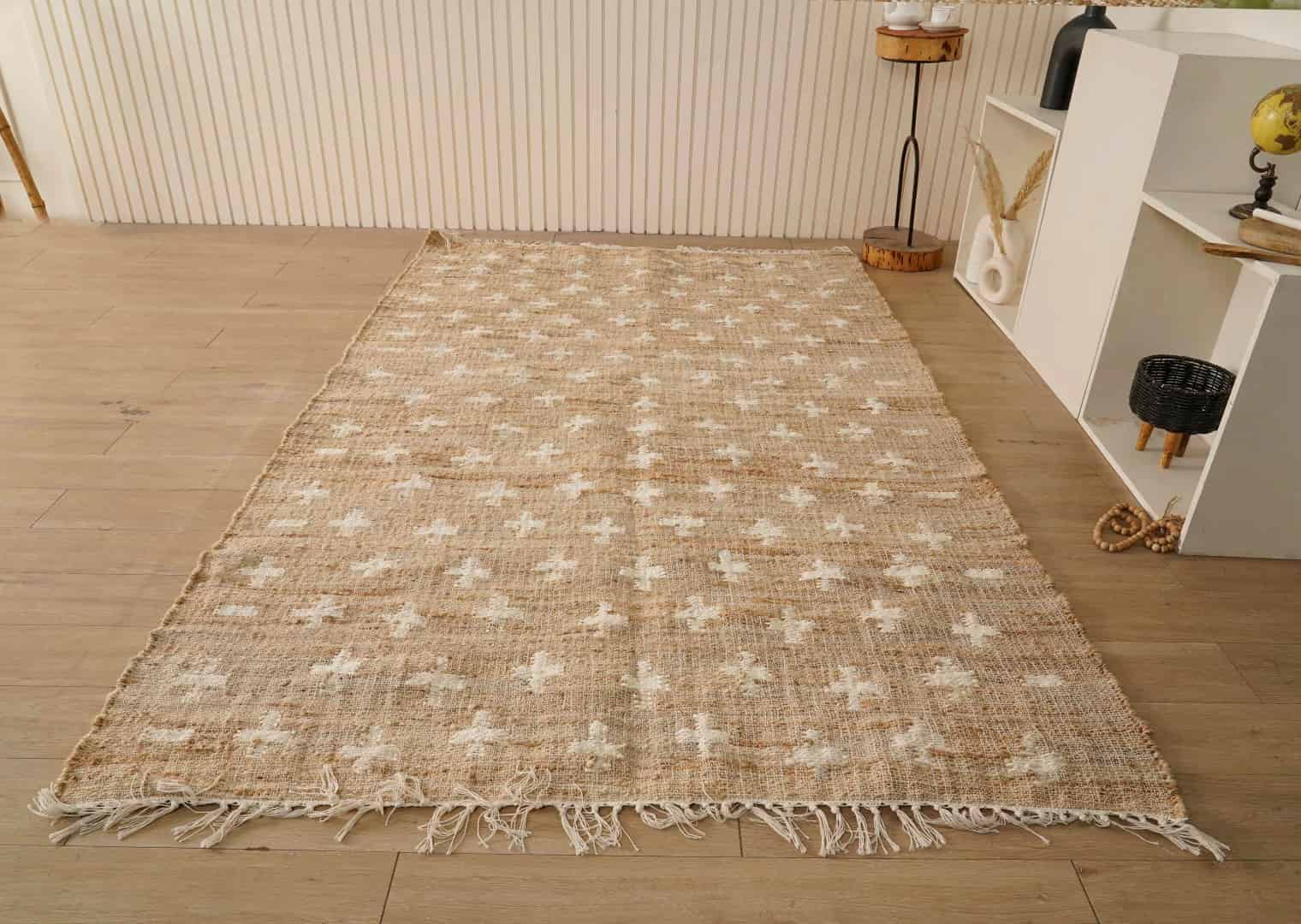 Indian Handmade Beige Juna Cotton Rug With White Design Rug Off White Fringes Rug For New Home Decor Rug  - Image 3