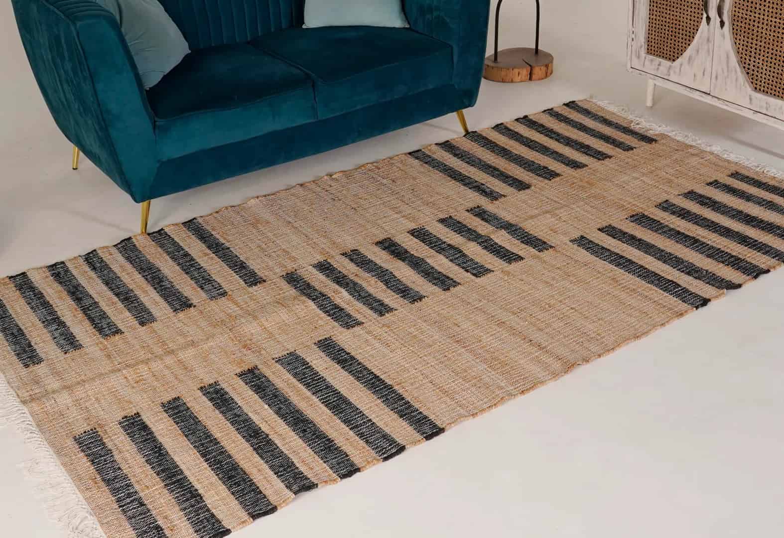 Natural Beige Jute High Quality Hand Woven Geometric Boho Style Rug With Black Stripes Line Rug White Fringes Rug For Home Decor Rug  - Image 1