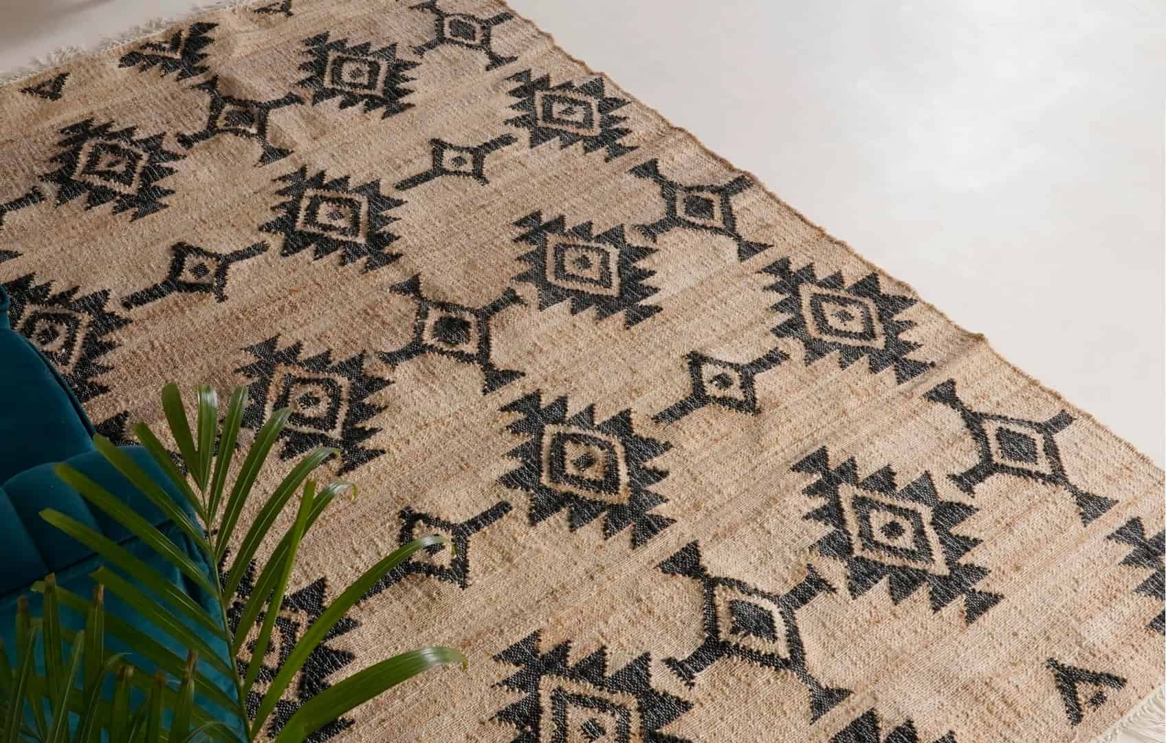 Natural Jute Fiber Cotton Hand Woven Bohemian Moroccan Inspired Rug Bohemian Vintage Large Rug Black Design Rug White Fringes Rug  - Image 3