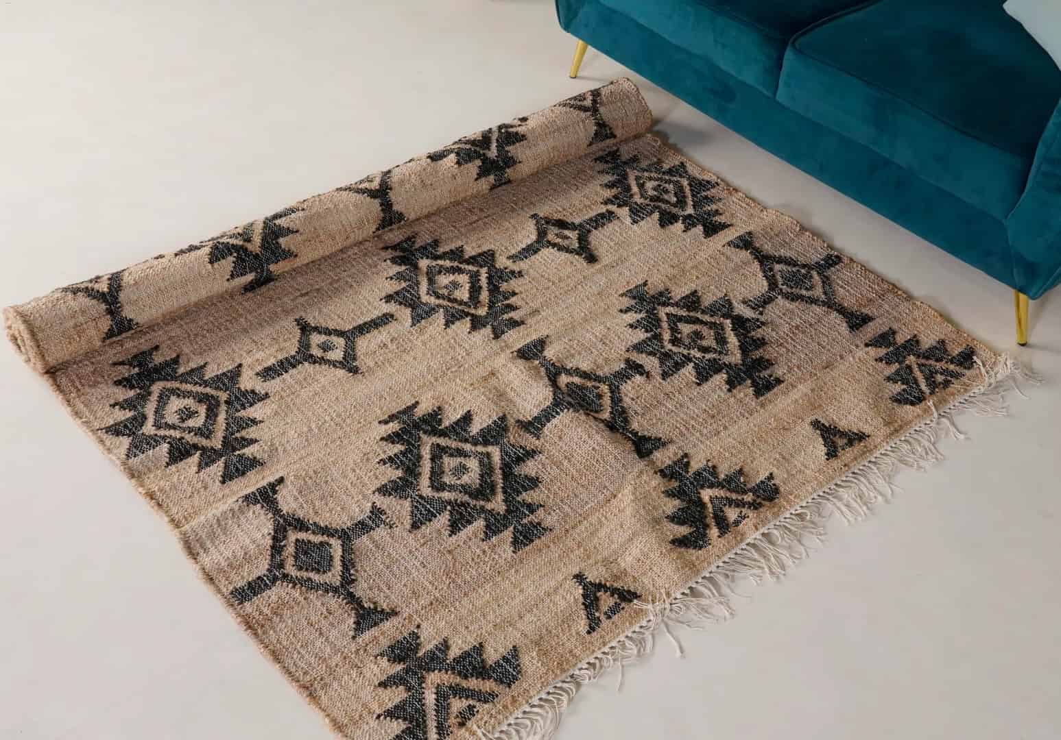 Natural Jute Fiber Cotton Hand Woven Bohemian Moroccan Inspired Rug Bohemian Vintage Large Rug Black Design Rug White Fringes Rug  - Image 4