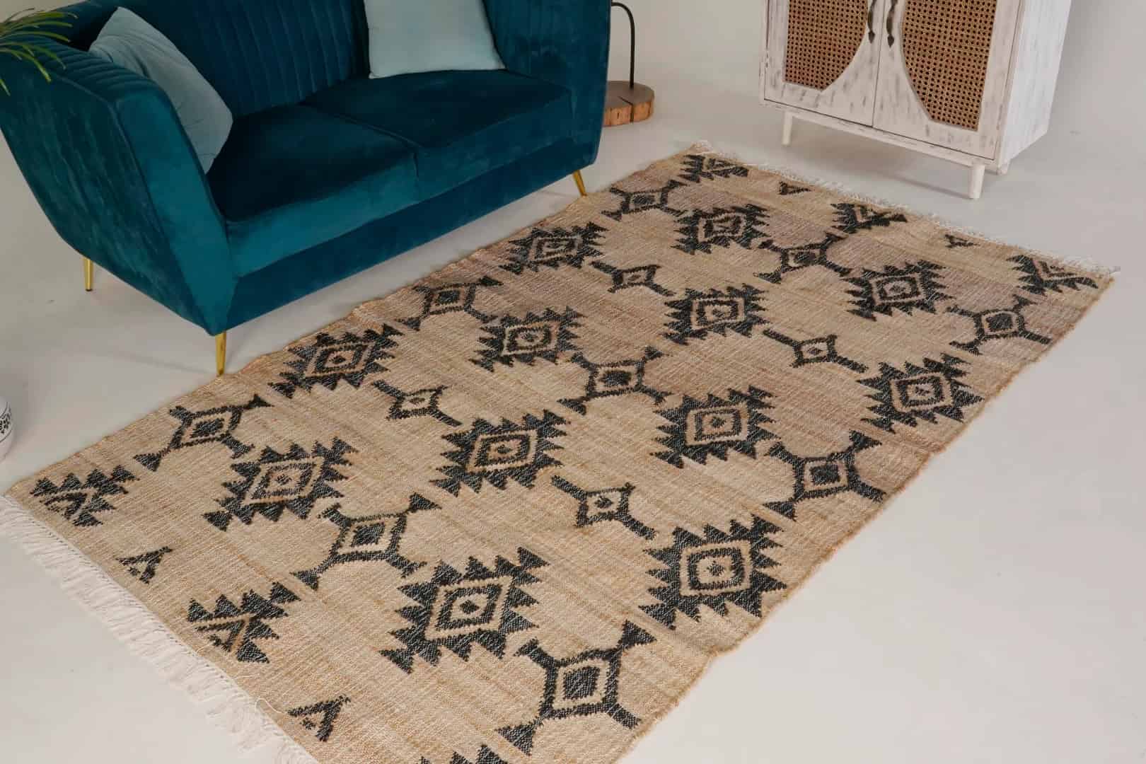 Natural Jute Fiber Cotton Hand Woven Bohemian Moroccan Inspired Rug Bohemian Vintage Large Rug Black Design Rug White Fringes Rug  - Image 1