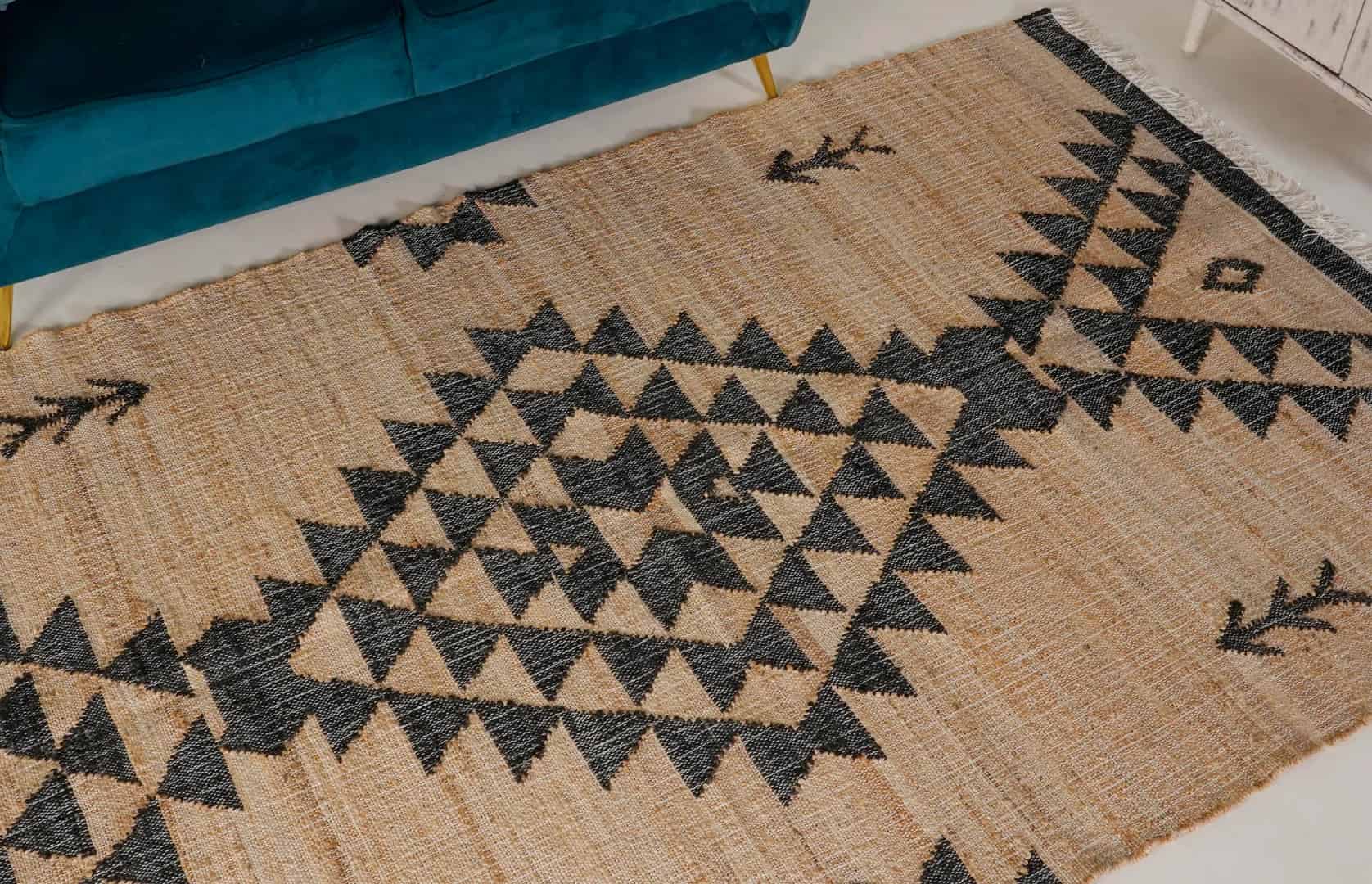 Natural Jute Fiber Juna Cotton Rug With Black Design Rug White Fringes Rug Boho Scandinavian Decor Rug For Living Home  - Image 3