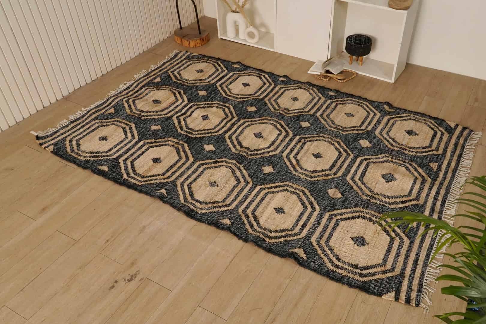 Handwoven Cotton Rectangle Juna Rug Beige Rug With Black Design Rug White Fringes Jute Rug Large Area Rug For Living Room Decor Rug  - Image 1