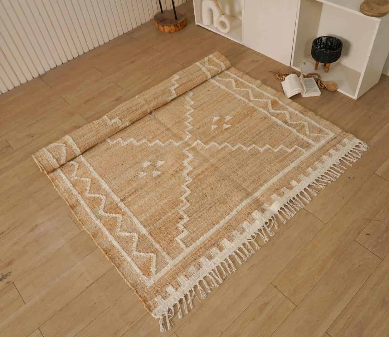 Natural Jute Fiber Cotton Hand Woven Bohemian Moroccan Inspired Rug Beige Jute Rug With White Pattern Rug For Decor Home And White Fringes Jute Rug  - Image 2