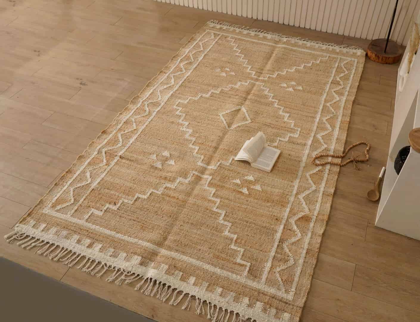 Natural Jute Fiber Cotton Hand Woven Bohemian Moroccan Inspired Rug Beige Jute Rug With White Pattern Rug For Decor Home And White Fringes Jute Rug  - Image 1