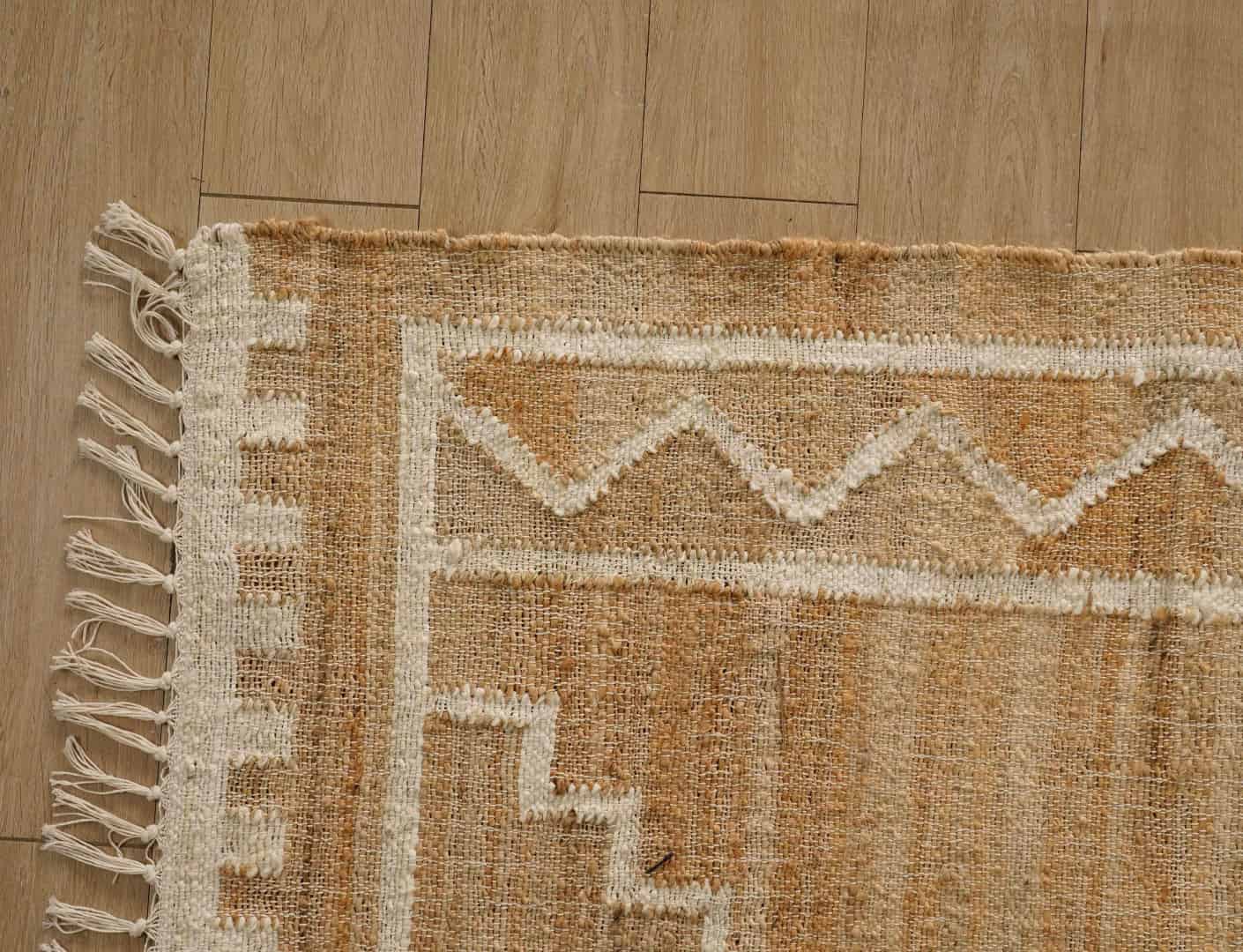Natural Jute Fiber Cotton Hand Woven Bohemian Moroccan Inspired Rug Beige Jute Rug With White Pattern Rug For Decor Home And White Fringes Jute Rug  - Image 5
