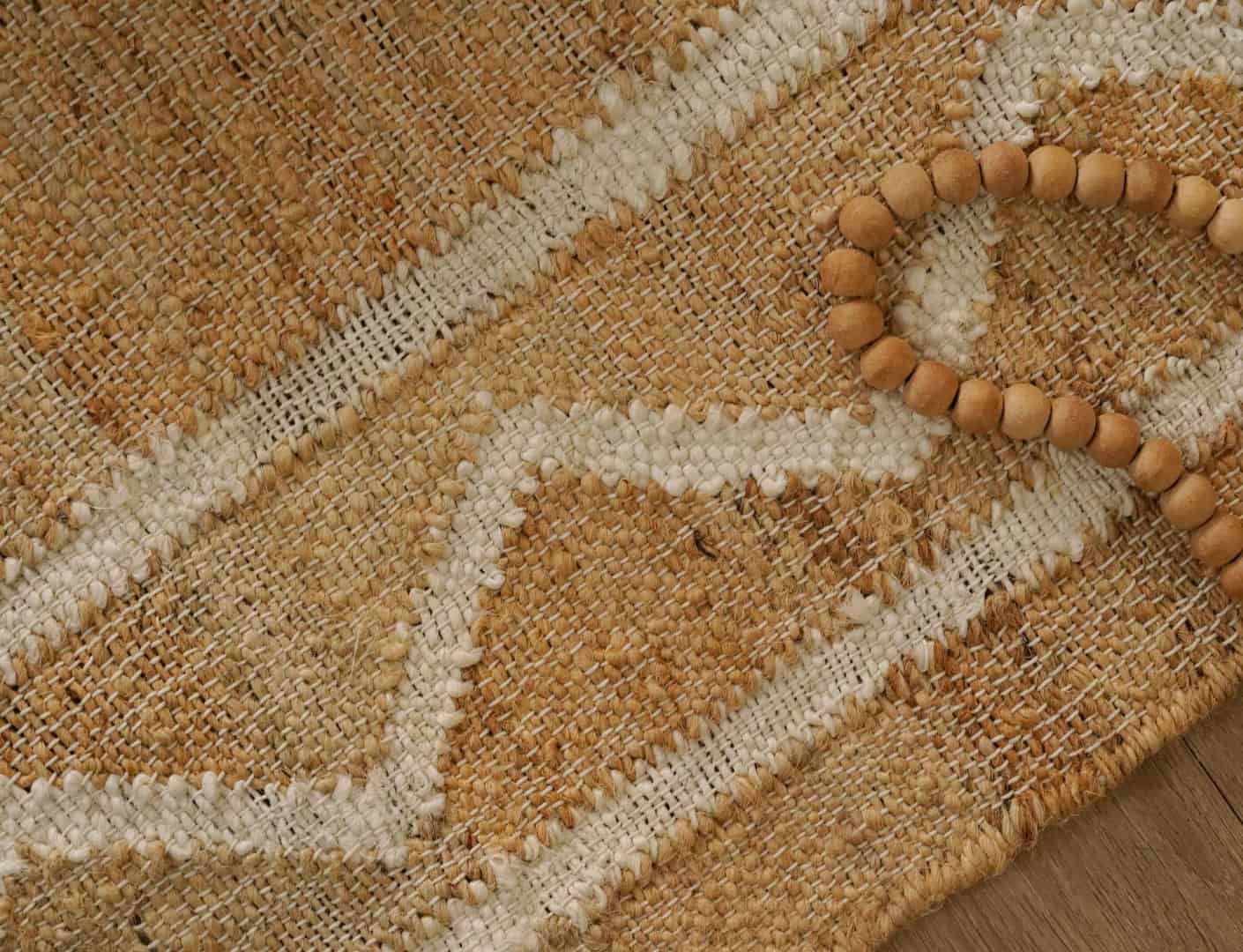 Natural Jute Fiber Cotton Hand Woven Bohemian Moroccan Inspired Rug Beige Jute Rug With White Pattern Rug For Decor Home And White Fringes Jute Rug  - Image 6