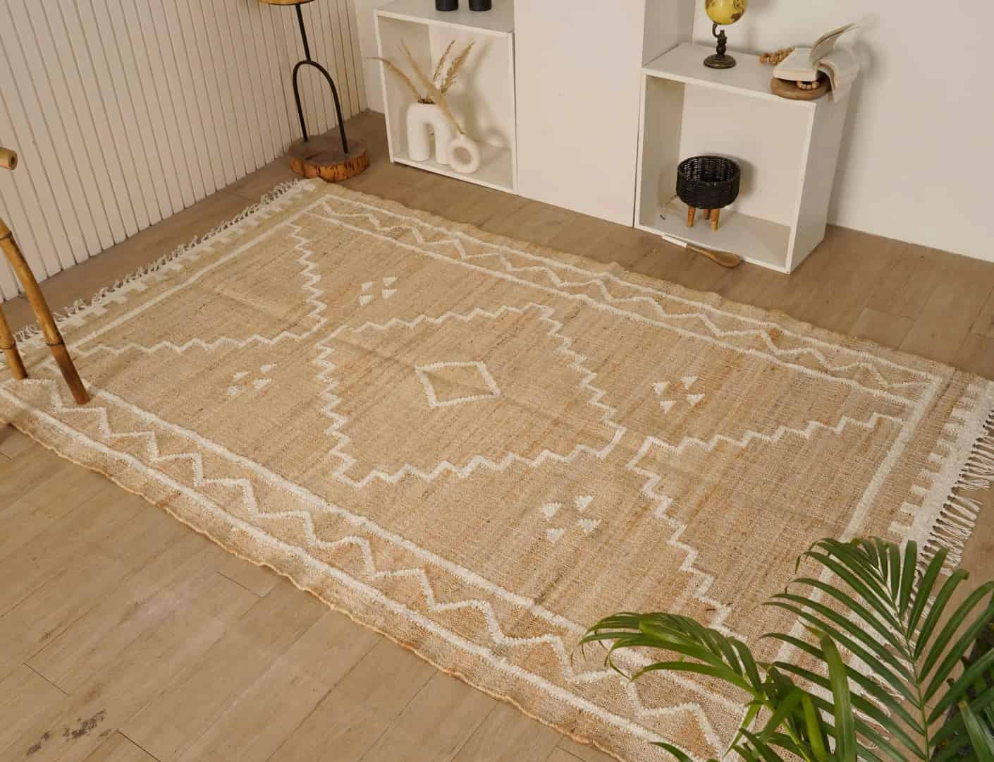 Natural Jute Fiber Cotton Hand Woven Bohemian Moroccan Inspired Rug Beige Jute Rug With White Pattern Rug For Decor Home And White Fringes Jute Rug  - Image 3