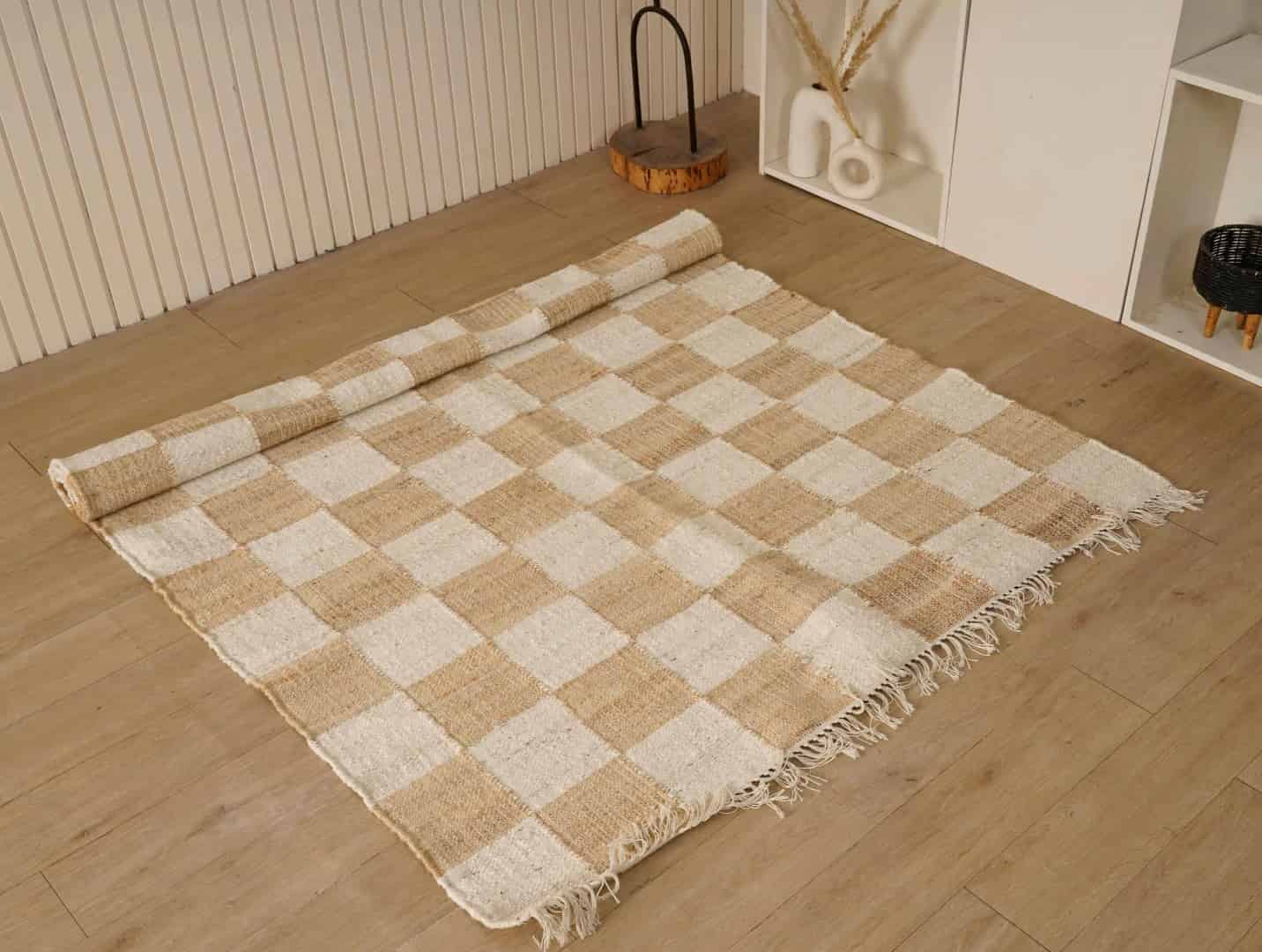 Natural Jute Fiber Cotton Hand Woven Bohemian Moroccan Inspired Rug Beige and White Box Pattern Rug White Fringes Rug For Living Decor Home  - Image 2