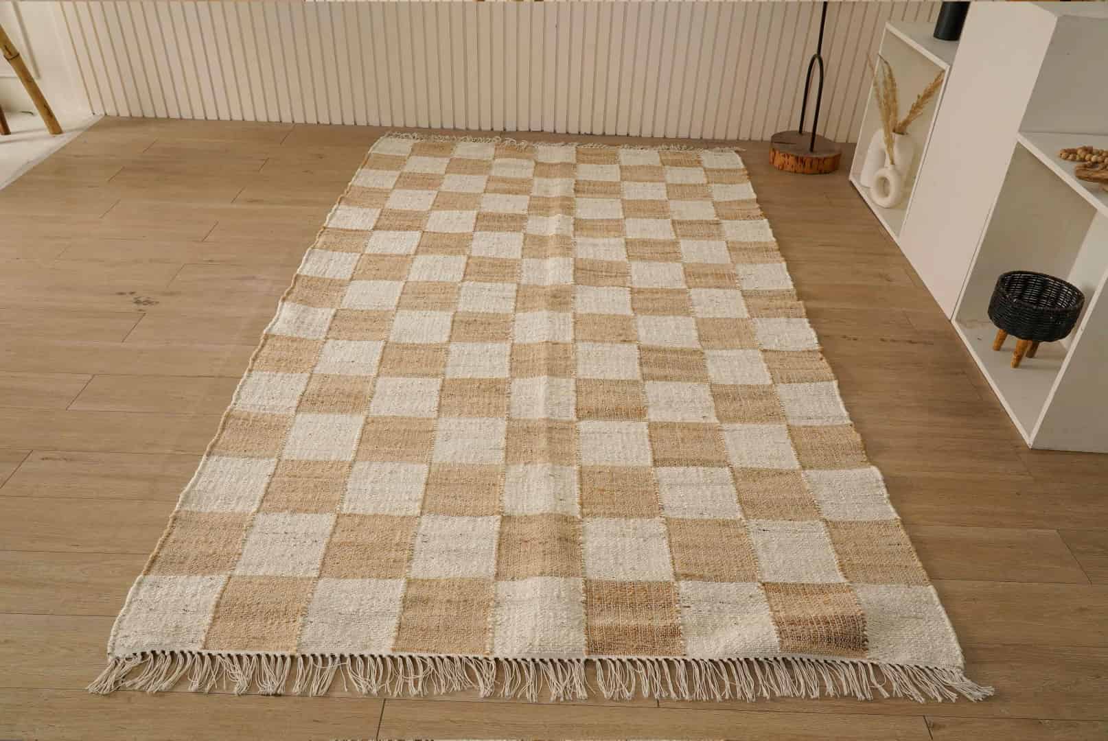Natural Jute Fiber Cotton Hand Woven Bohemian Moroccan Inspired Rug Beige and White Box Pattern Rug White Fringes Rug For Living Decor Home  - Image 1