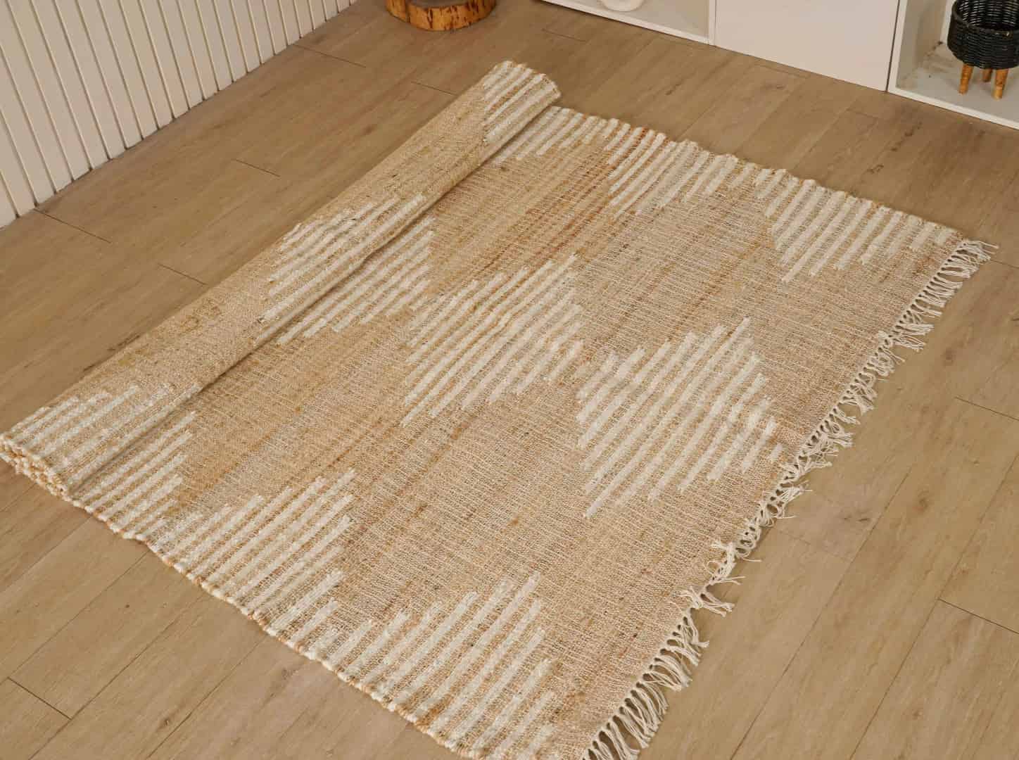 Bohemian Vintage Jute Cotton Juna Rug Beige Rug With White Design Rug For Living Room Rug White Fringes Jute Rug  - Image 3