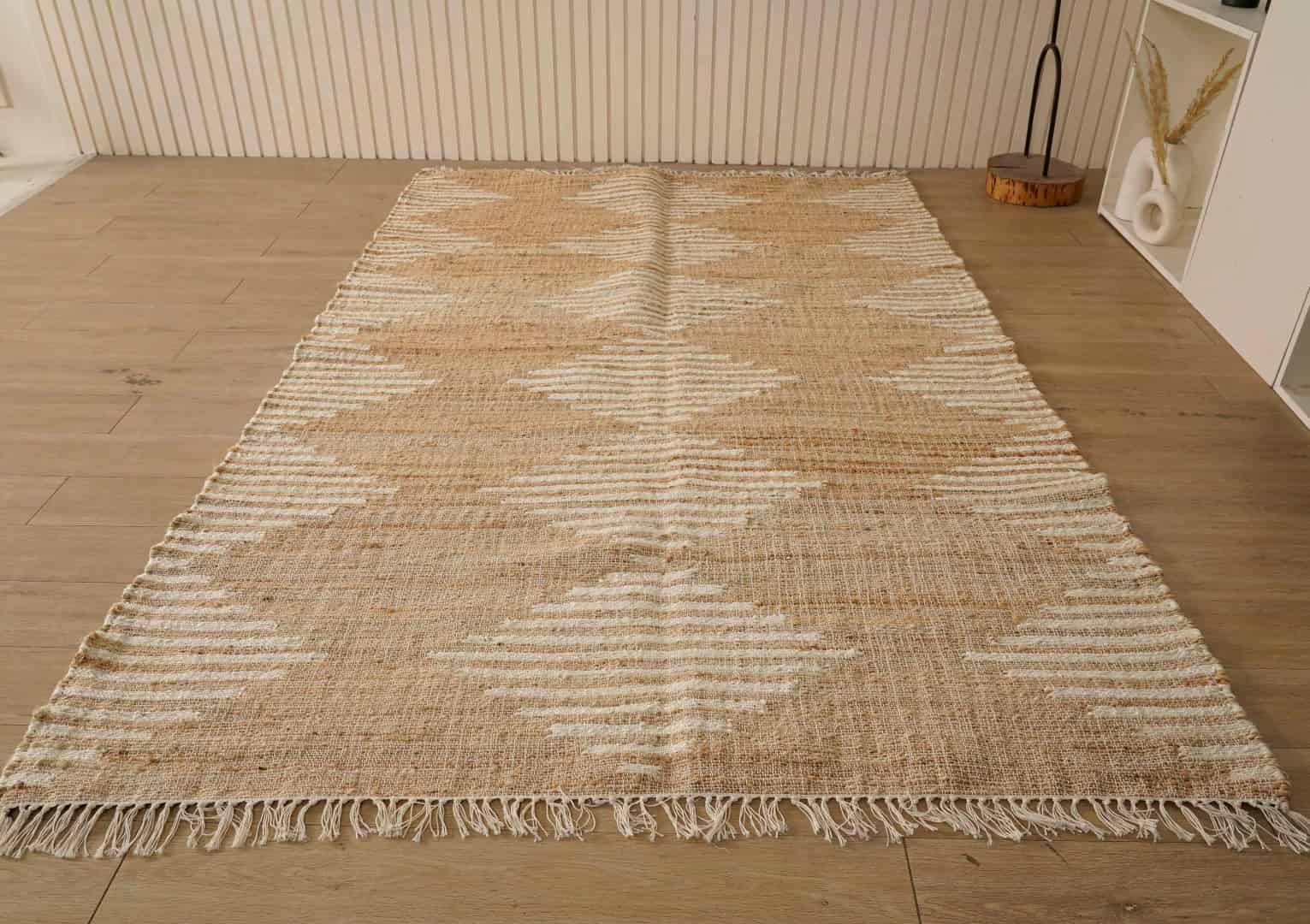 Bohemian Vintage Jute Cotton Juna Rug Beige Rug With White Design Rug For Living Room Rug White Fringes Jute Rug  - Image 1