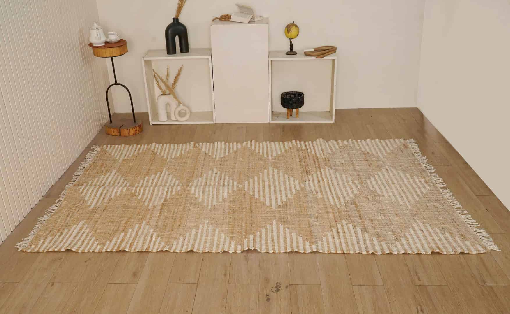 Bohemian Vintage Jute Cotton Juna Rug Beige Rug With White Design Rug For Living Room Rug White Fringes Jute Rug  - Image 2