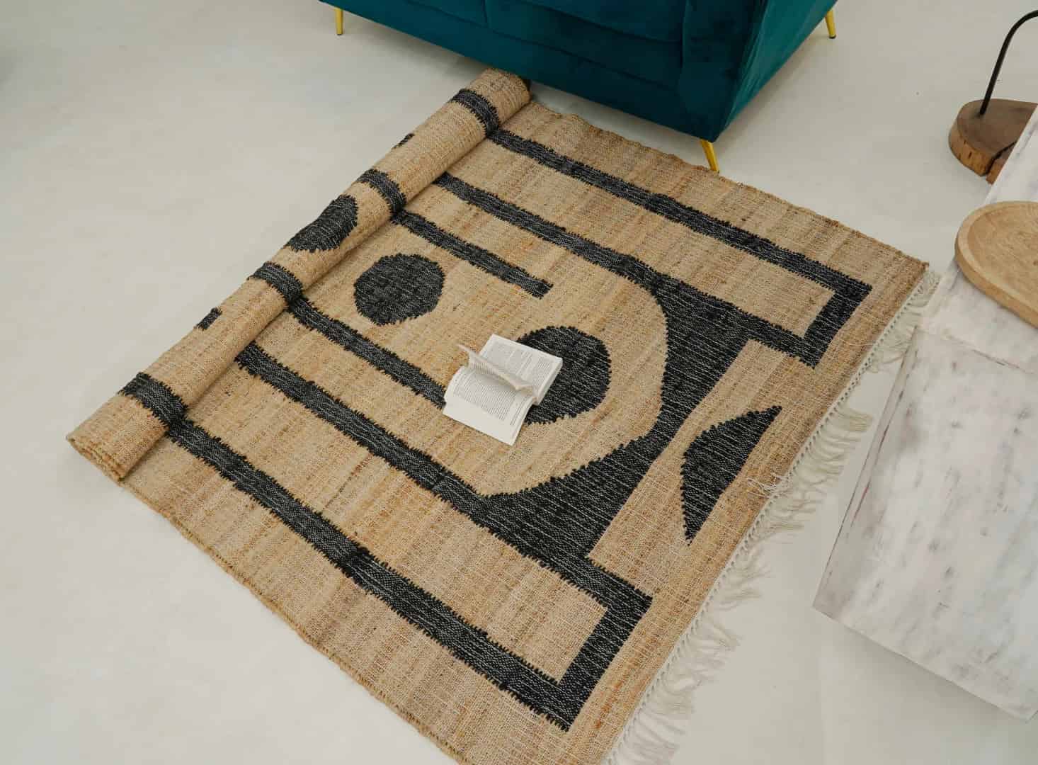 Beige Goldish Bohemian Boho Moroccan Rug Hand Woven Bohemian Decor Inspired Beige Rug With Black Pattern Rug White Fringes Jute Rug Entryway Dhurrie Rug - Image 3