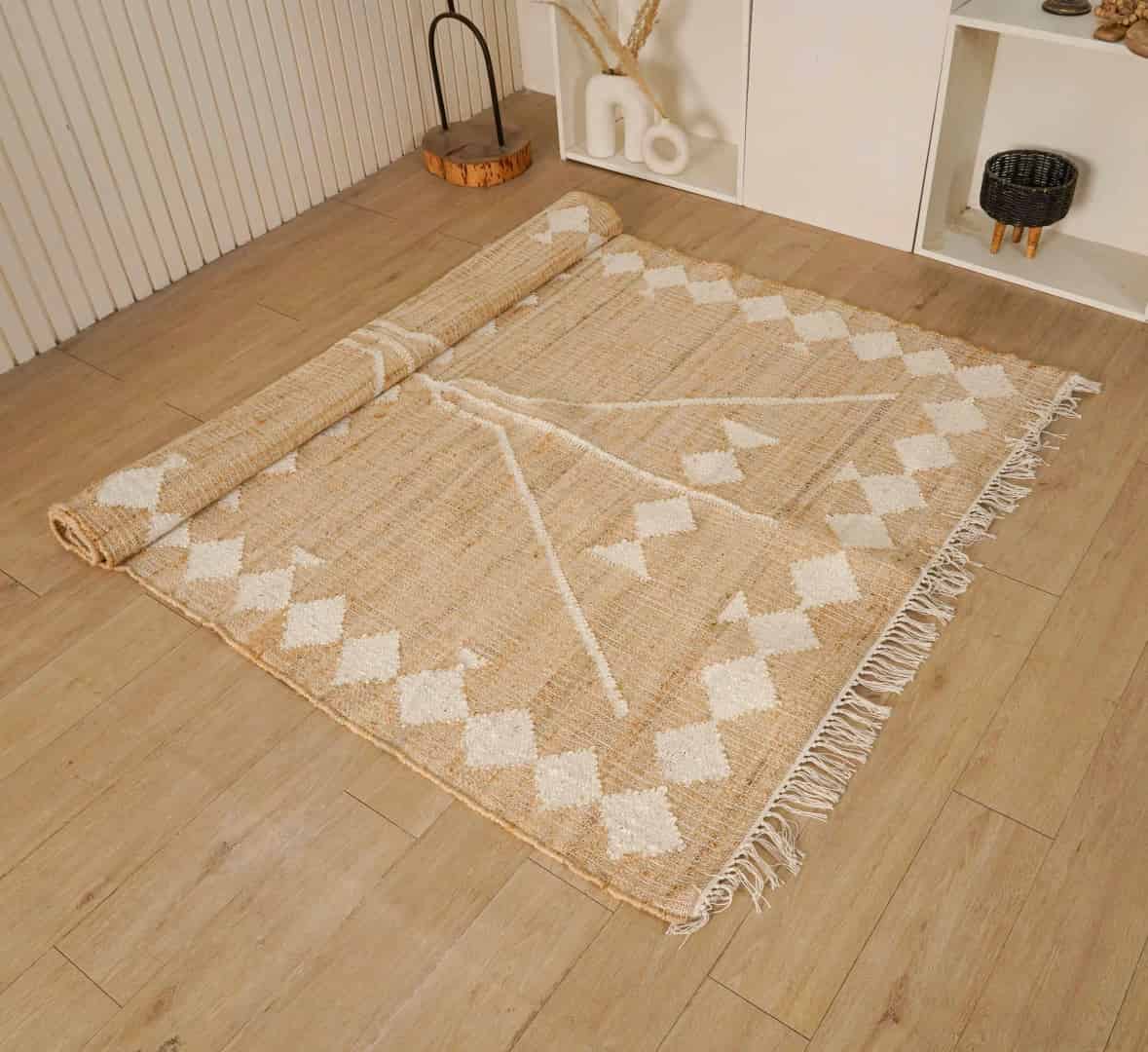 Beige Jute Rug With White Design Rug For Living Decor Room White Fringes Jute Rug Natural Jute Beige and White Design High Quality Hand Woven Geometric Boho Style Rug  - Image 2
