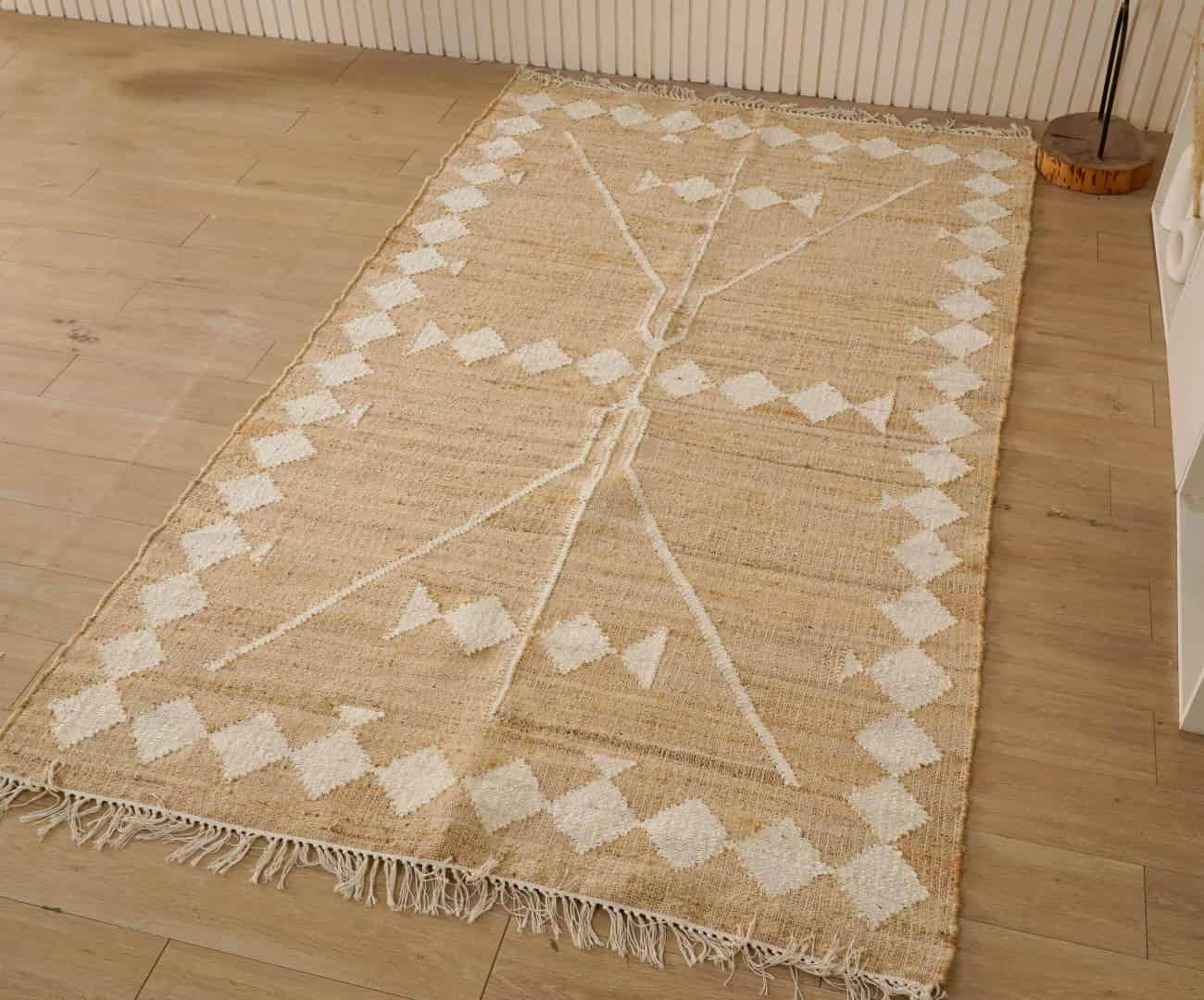 Beige Jute Rug With White Design Rug For Living Decor Room White Fringes Jute Rug Natural Jute Beige and White Design High Quality Hand Woven Geometric Boho Style Rug  - Image 3