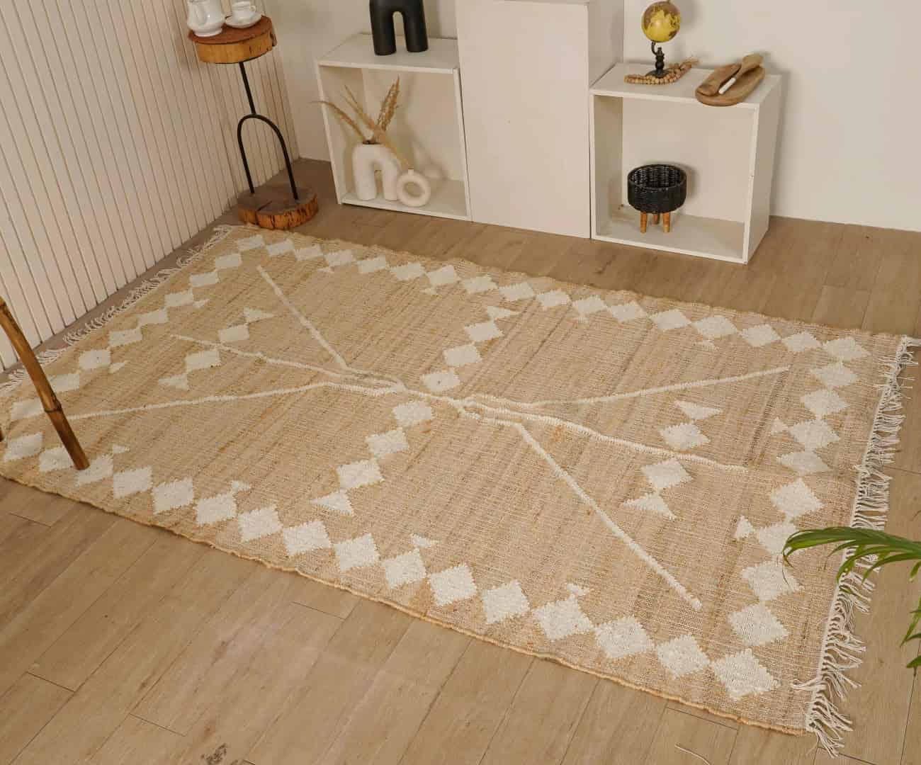 Beige Jute Rug With White Design Rug For Living Decor Room White Fringes Jute Rug Natural Jute Beige and White Design High Quality Hand Woven Geometric Boho Style Rug  - Image 1