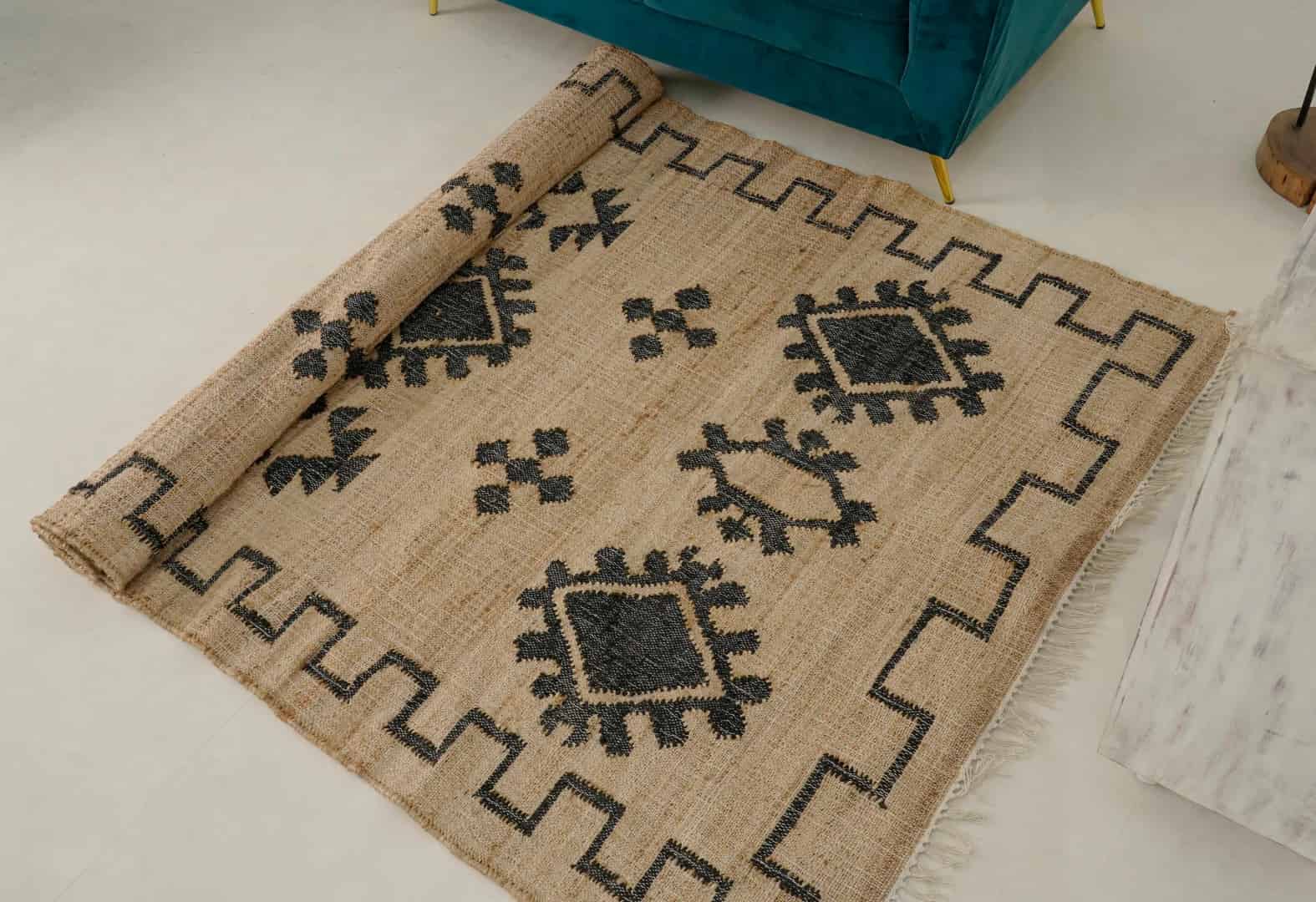 Handmade Natural Beige Jute Rectangle Rug With Black Design Living Room Decor Bohemian Jute Carpet Area Rug White Fringes Jute Rug  - Image 3