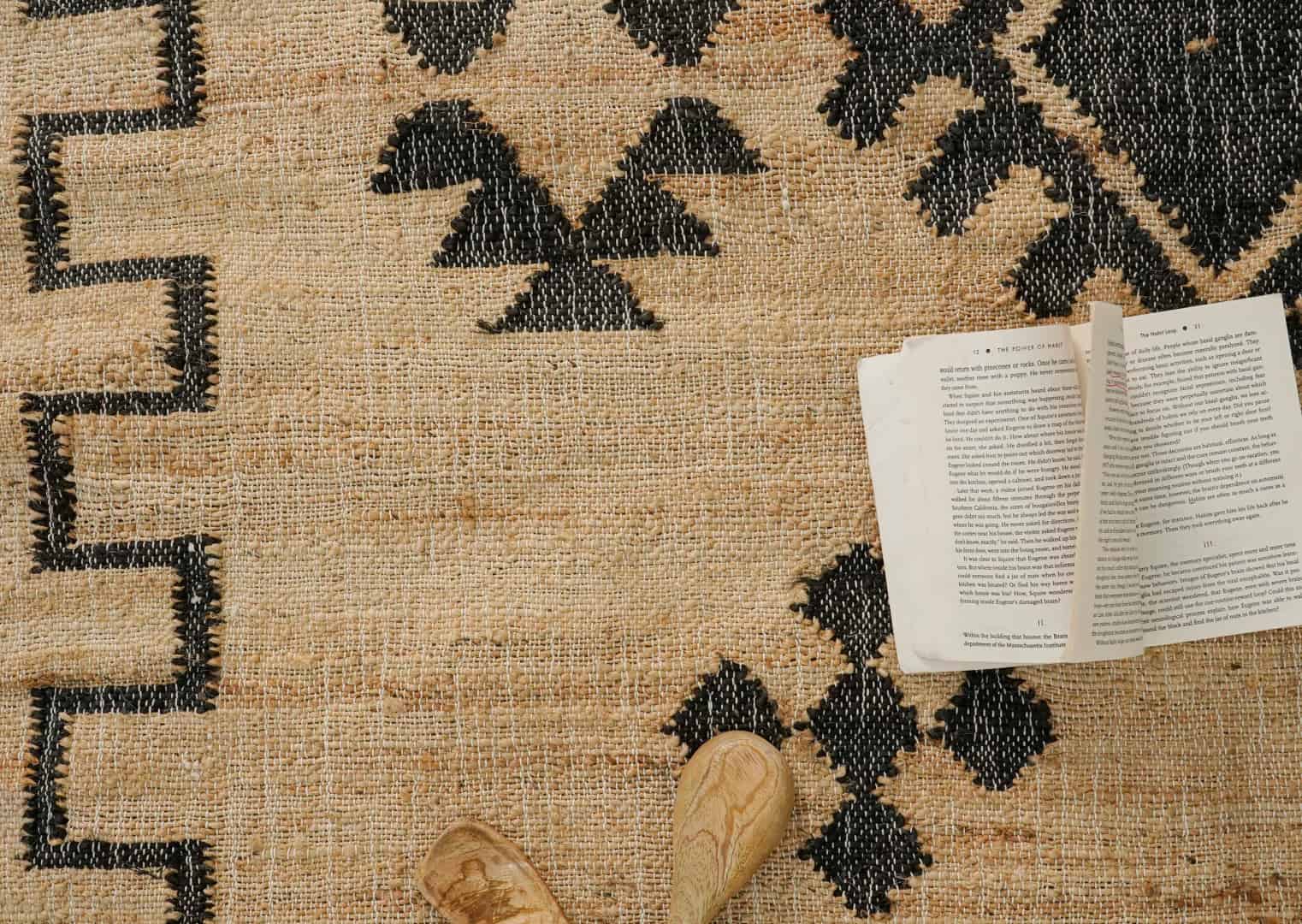 Handmade Natural Beige Jute Rectangle Rug With Black Design Living Room Decor Bohemian Jute Carpet Area Rug White Fringes Jute Rug  - Image 6