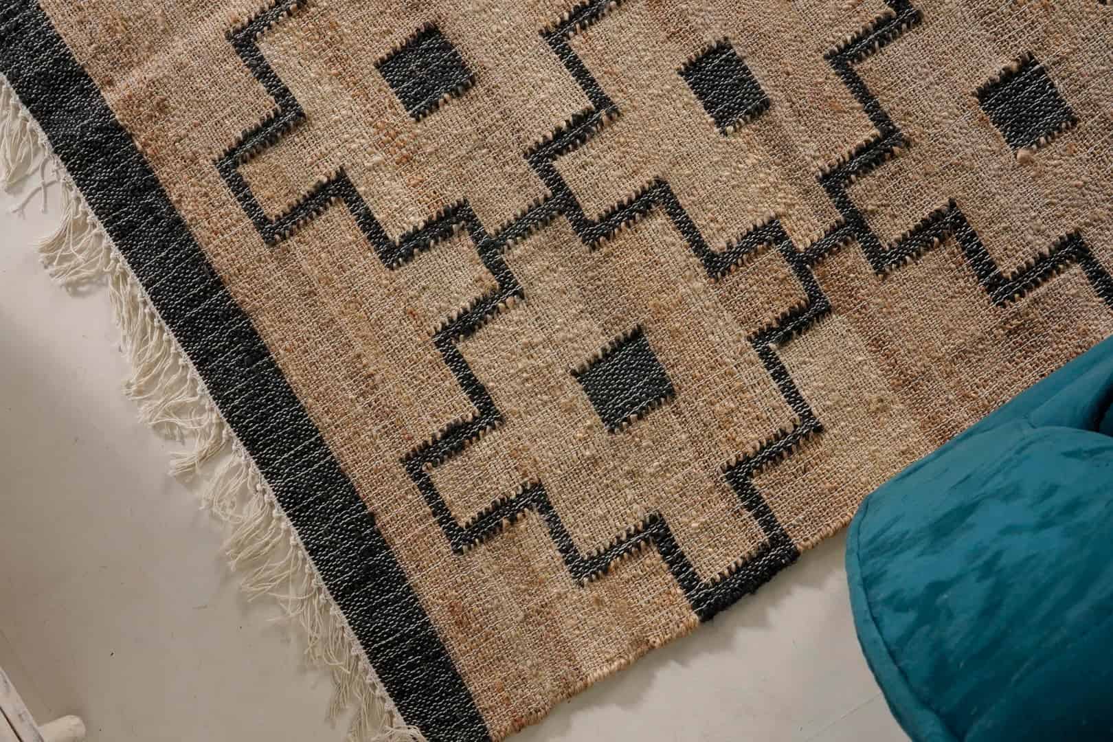 Natural Cotton Jute Moroccan Inspired Rug in Black Design Hand Woven Bohemian Decor Inspired White Fringes Jute Rug Vintage Large Area Rug For Living Room - Image 9