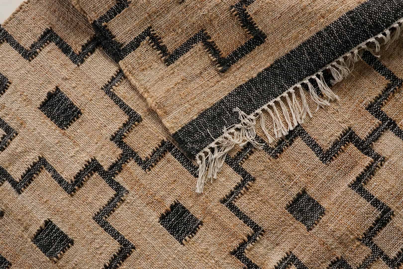 Natural Cotton Jute Moroccan Inspired Rug in Black Design Hand Woven Bohemian Decor Inspired White Fringes Jute Rug Vintage Large Area Rug For Living Room - Image 5