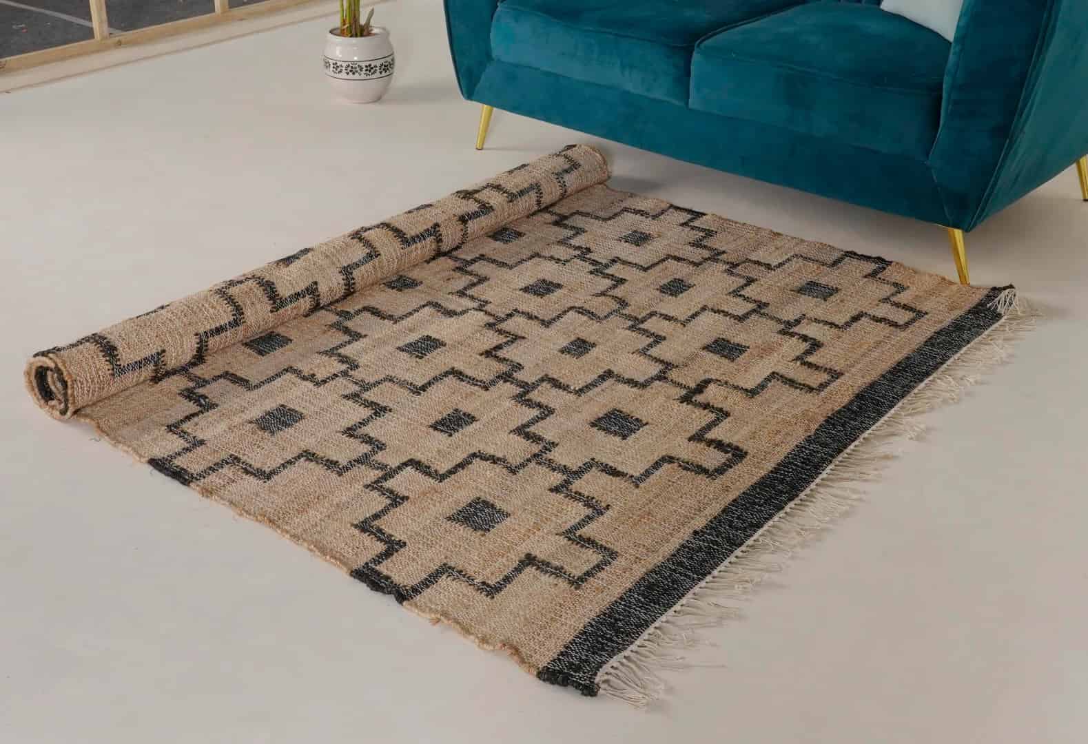 Natural Cotton Jute Moroccan Inspired Rug in Black Design Hand Woven Bohemian Decor Inspired White Fringes Jute Rug Vintage Large Area Rug For Living Room - Image 2