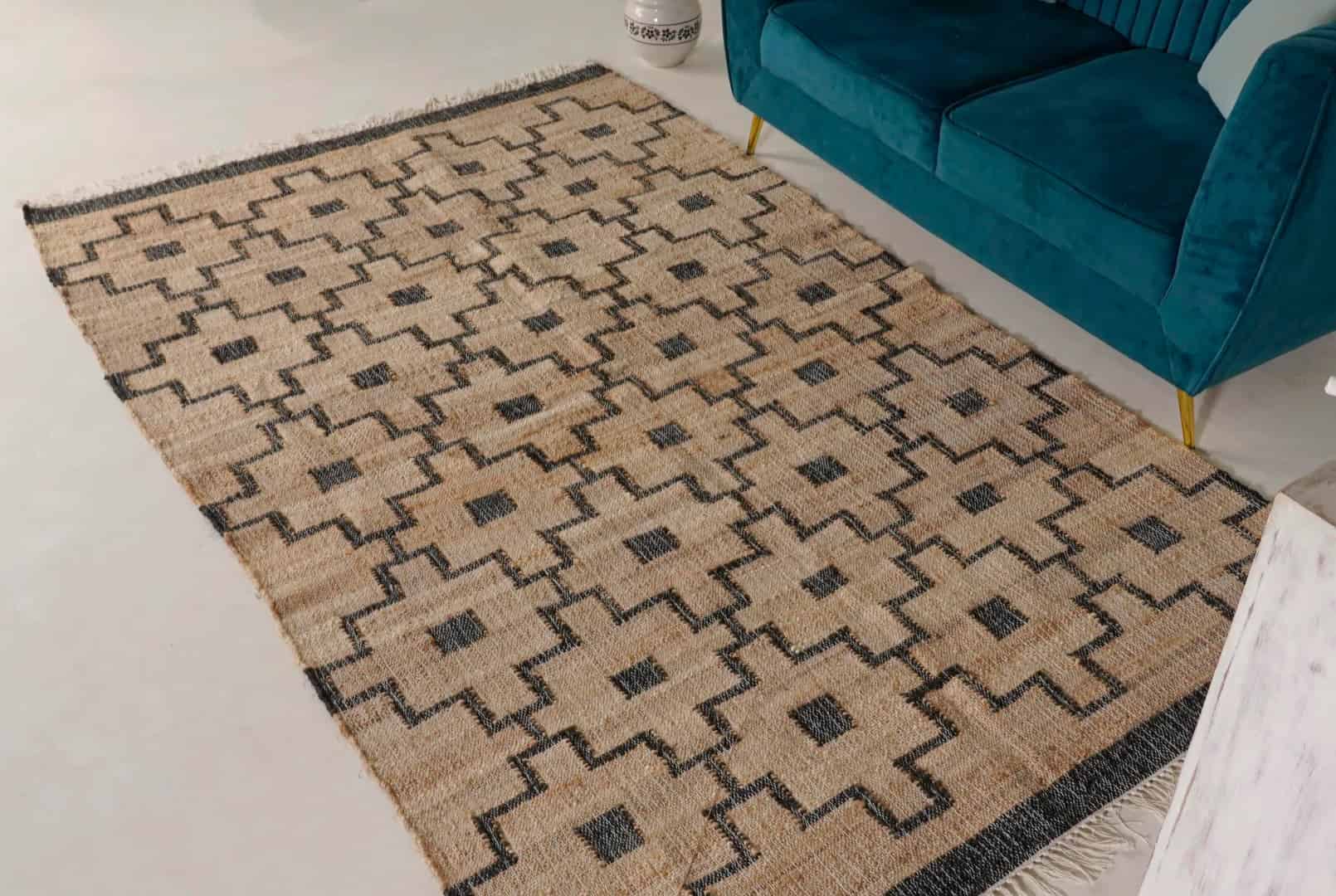 Natural Cotton Jute Moroccan Inspired Rug in Black Design Hand Woven Bohemian Decor Inspired White Fringes Jute Rug Vintage Large Area Rug For Living Room - Image 1