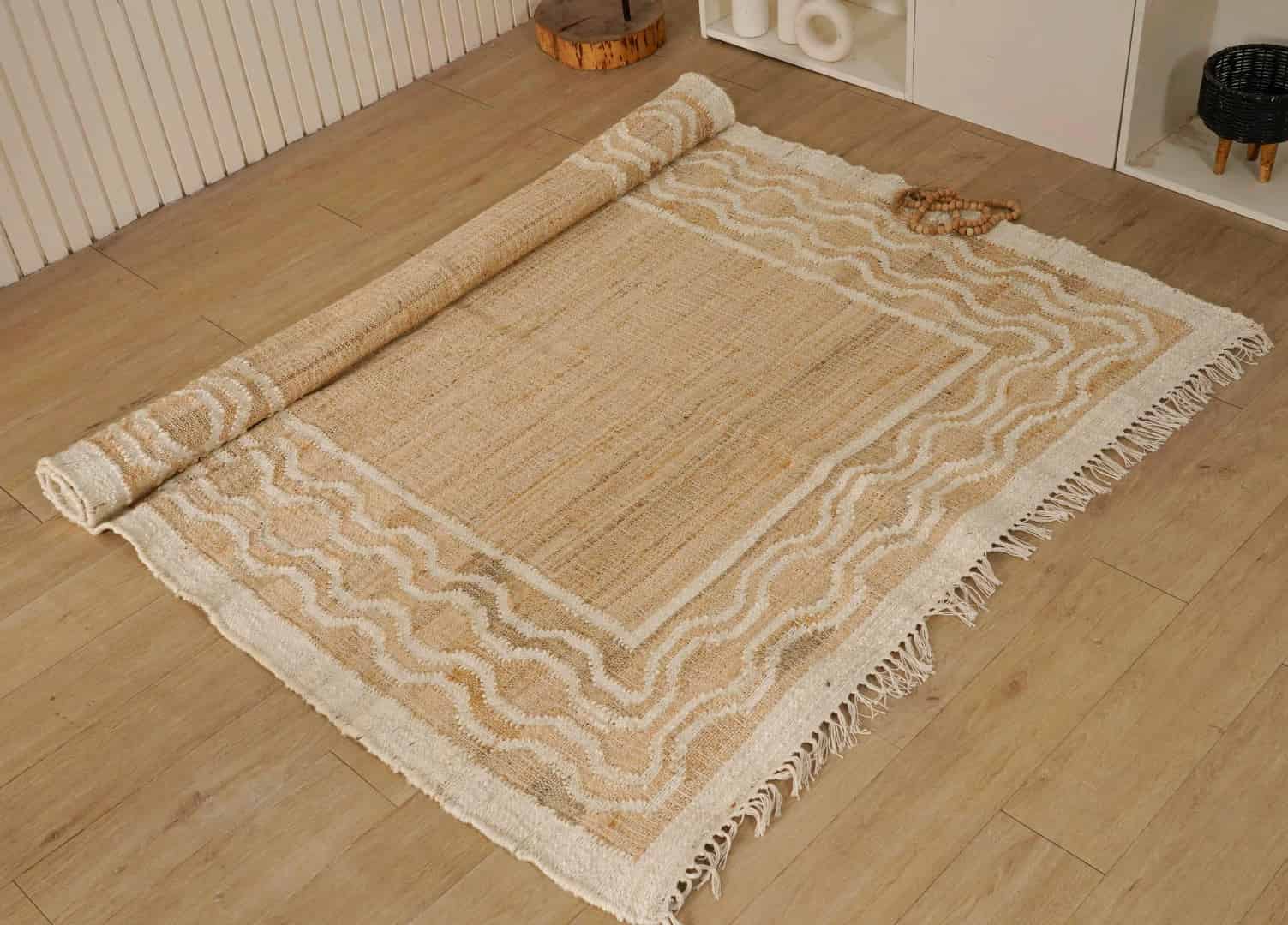 Natural Jute Handwoven Cotton Juna Rug Vintage Large Area Rug Home Decor Rug White Pattern Rug Juna Dhurrie With White Fringes Rug Decor Area Rug  - Image 3