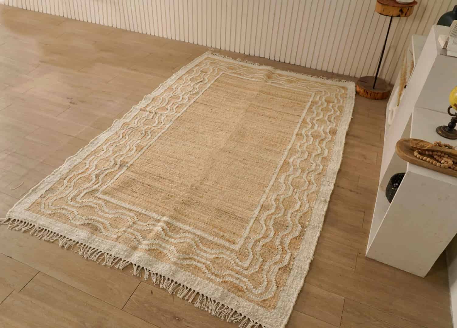 Natural Jute Handwoven Cotton Juna Rug Vintage Large Area Rug Home Decor Rug White Pattern Rug Juna Dhurrie With White Fringes Rug Decor Area Rug  - Image 2
