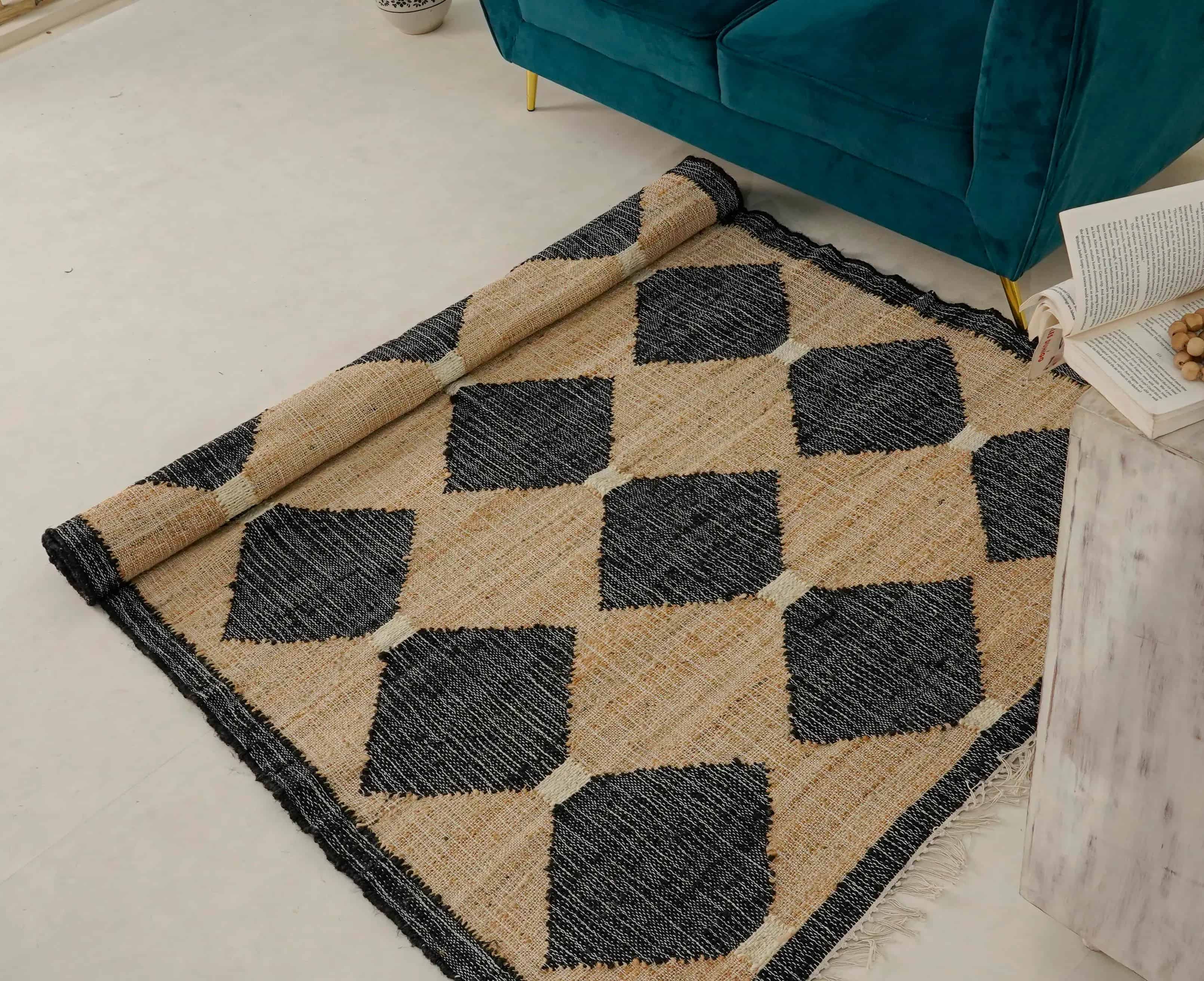 Beige Jute Rug With Black Design Jute And Cotton Kilim Premium Flatweave Scandivian Rug Hand Woven Decor Inspired White Fringes Jute Rug Living Decor Rug  - Image 4