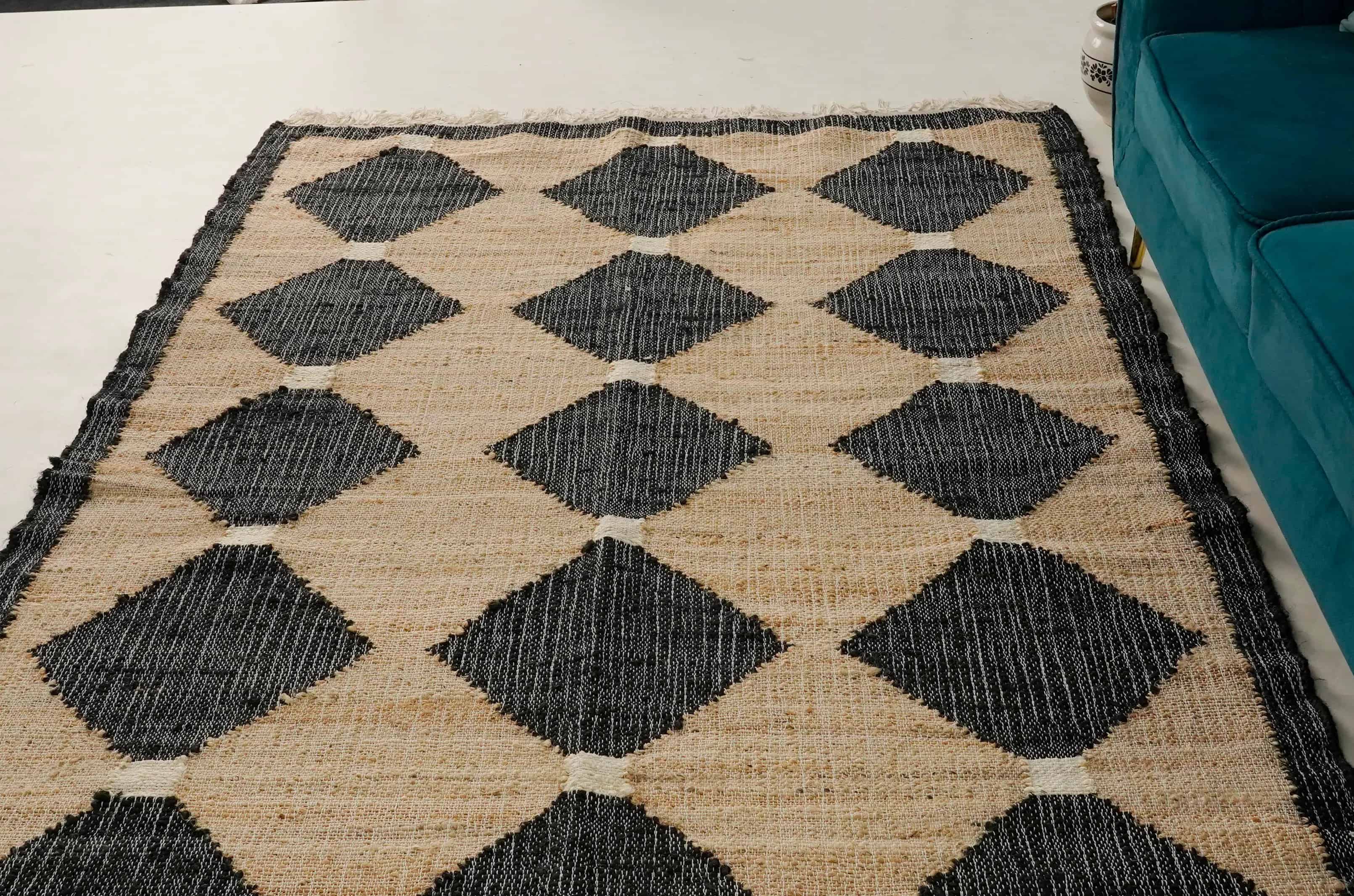 Beige Jute Rug With Black Design Jute And Cotton Kilim Premium Flatweave Scandivian Rug Hand Woven Decor Inspired White Fringes Jute Rug Living Decor Rug  - Image 5