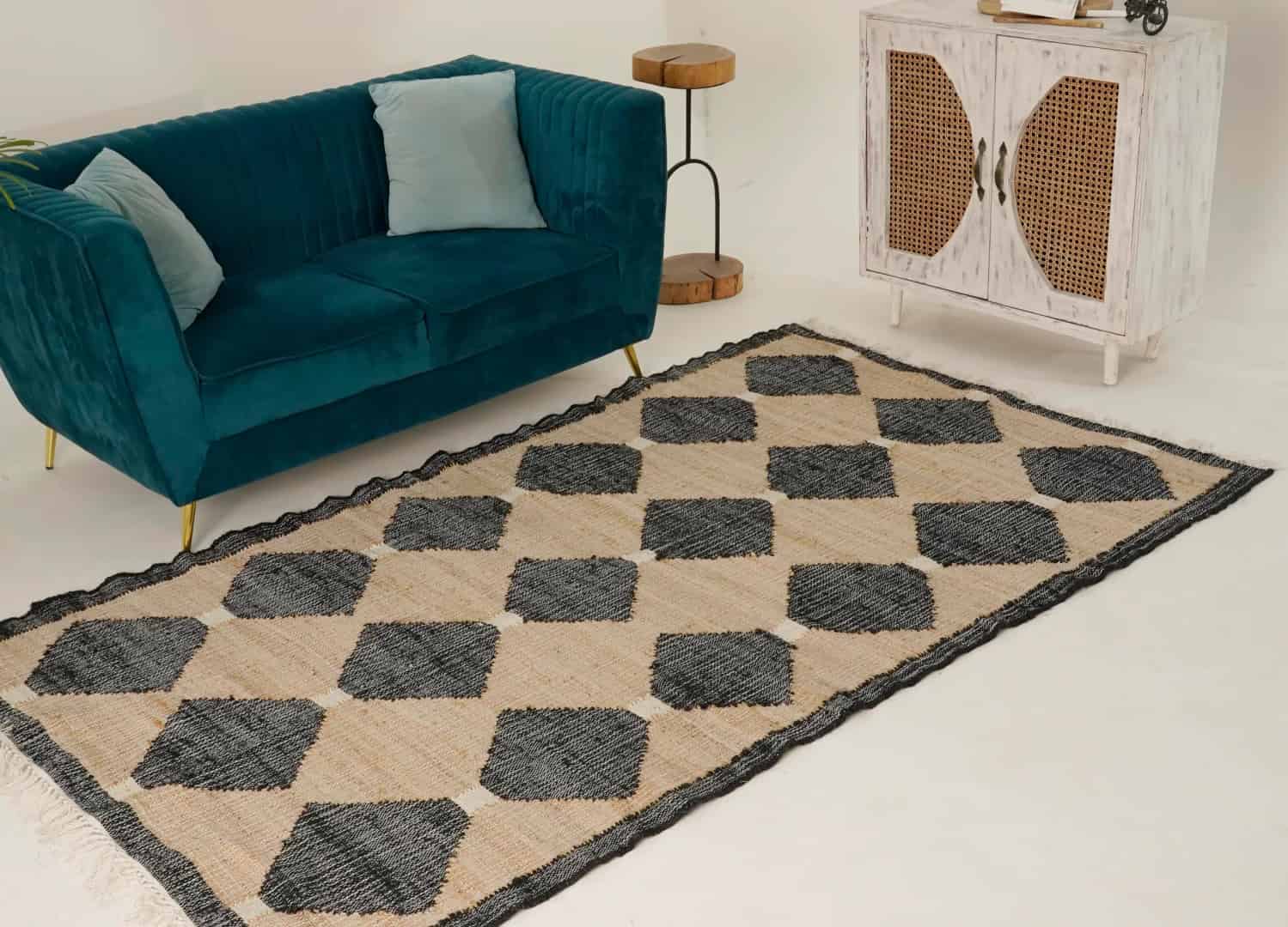 Beige Jute Rug With Black Design Jute And Cotton Kilim Premium Flatweave Scandivian Rug Hand Woven Decor Inspired White Fringes Jute Rug Living Decor Rug  - Image 1