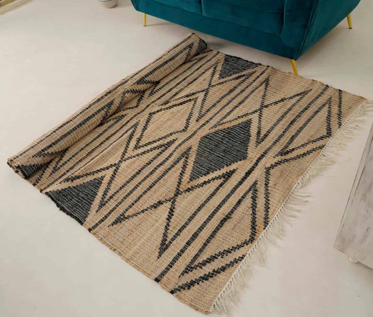 Natural Jute Black High Quality Hand Woven Geometric Boho Style Rug Beige Jute Rug With Black Design Rug For Living Room Decorative Area Rug  - Image 2
