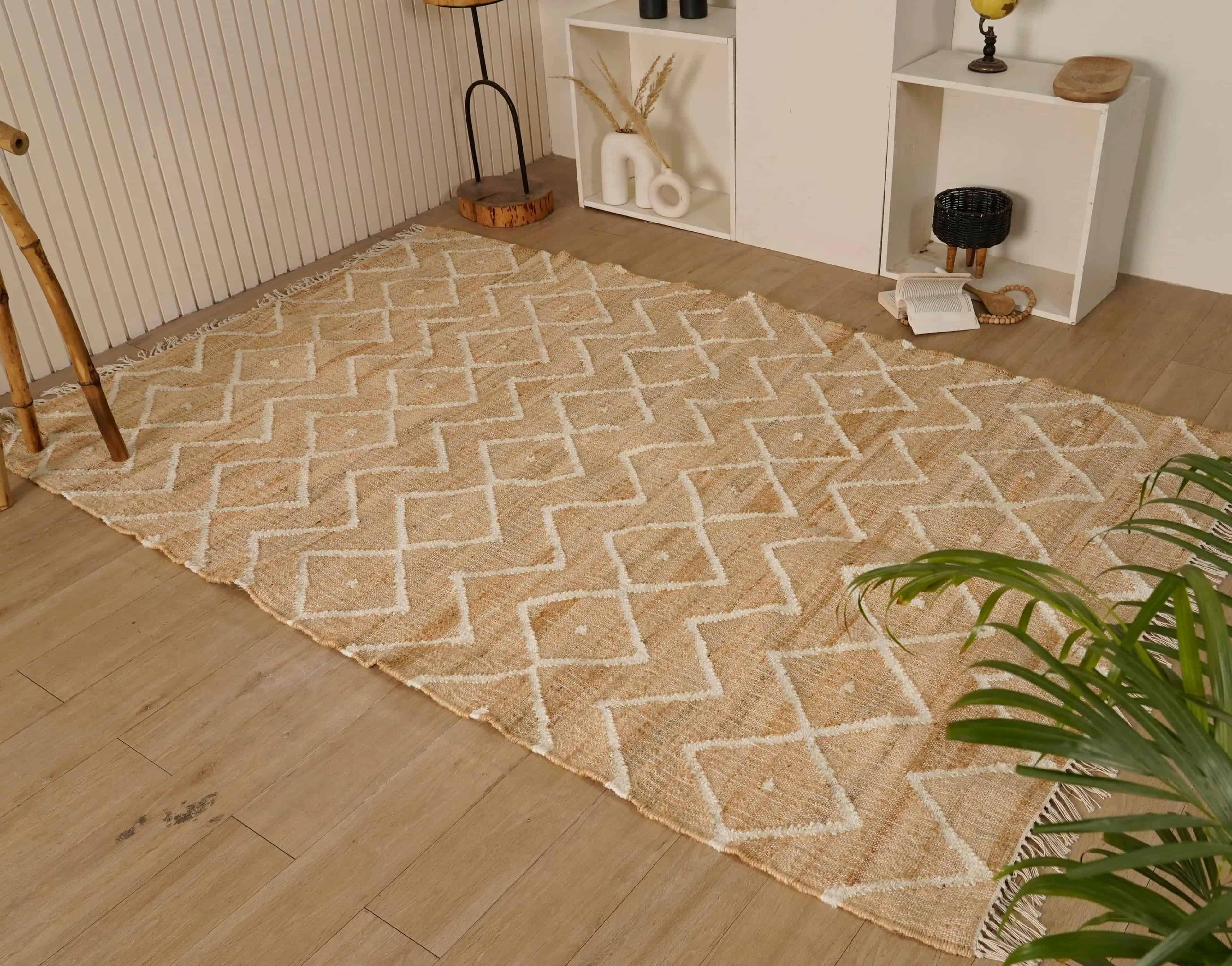 Indian Handmade Cotton Jute Rug Beige Cotton Juna Rug With White Pattern Rug Moroccan Nordic Scandinavian Decor Inspired White Fringes Rug For Living Home  - Image 2