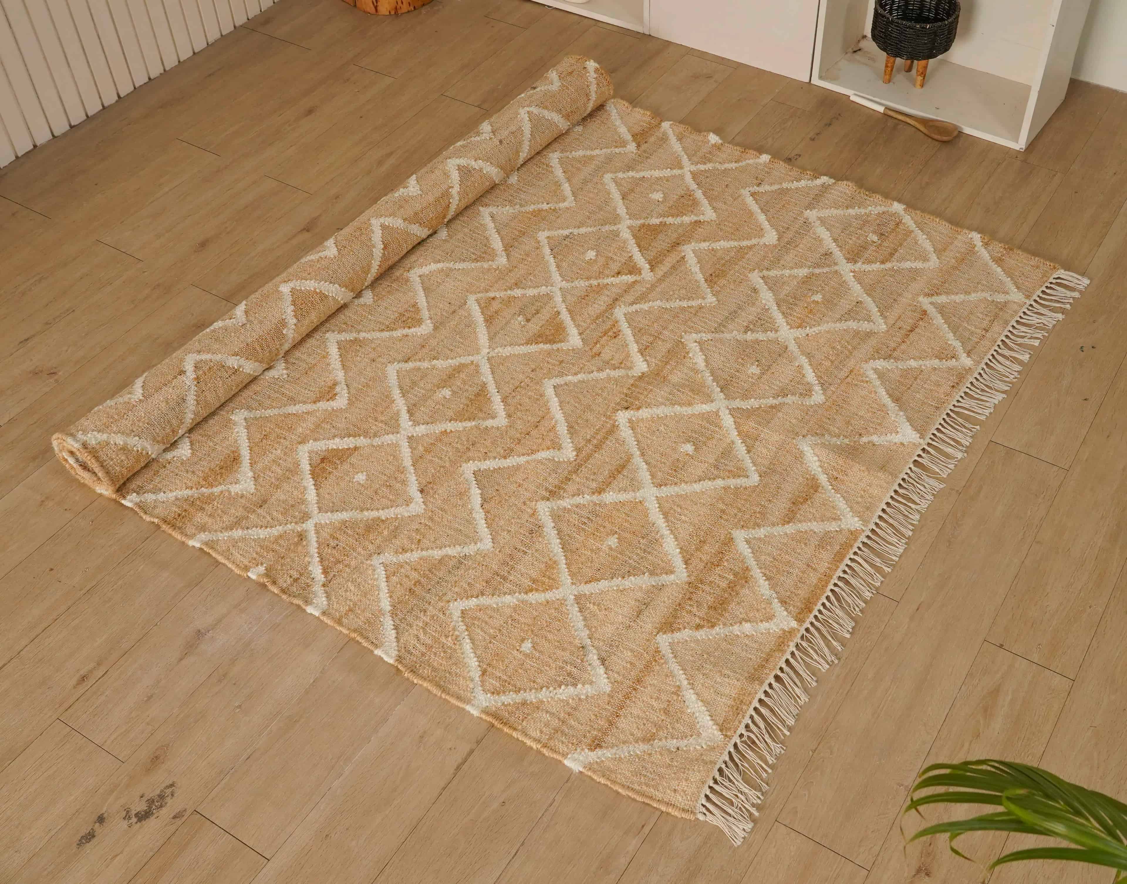 Indian Handmade Cotton Jute Rug Beige Cotton Juna Rug With White Pattern Rug Moroccan Nordic Scandinavian Decor Inspired White Fringes Rug For Living Home  - Image 3