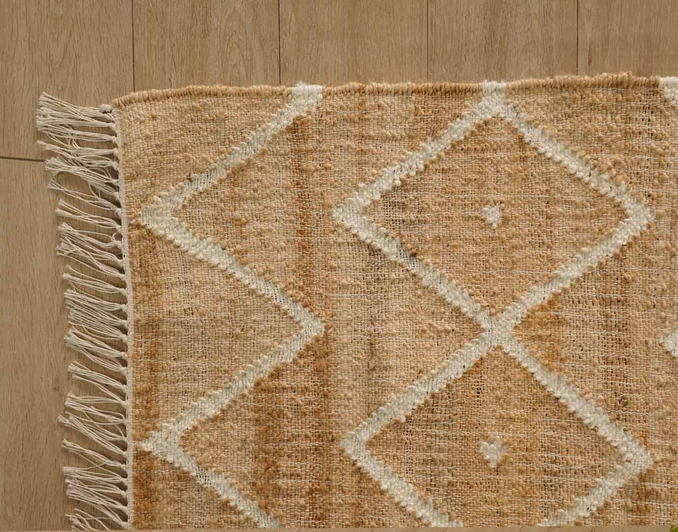 Indian Handmade Cotton Jute Rug Beige Cotton Juna Rug With White Pattern Rug Moroccan Nordic Scandinavian Decor Inspired White Fringes Rug For Living Home  - Image 4